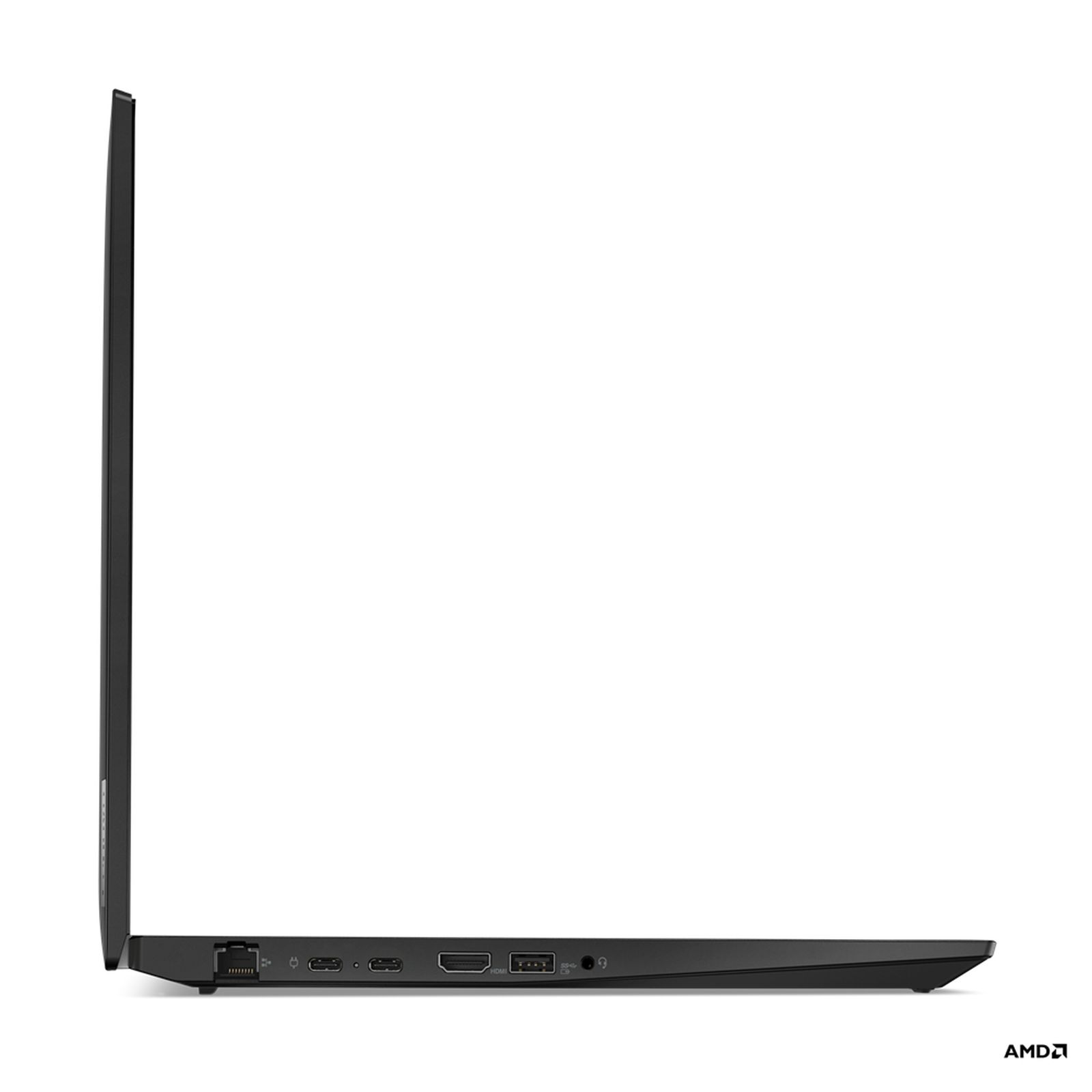 Una vista laterale di un laptop nero. Il lato mostra porte tra cui USB e HDMI e ha il logo AMD.