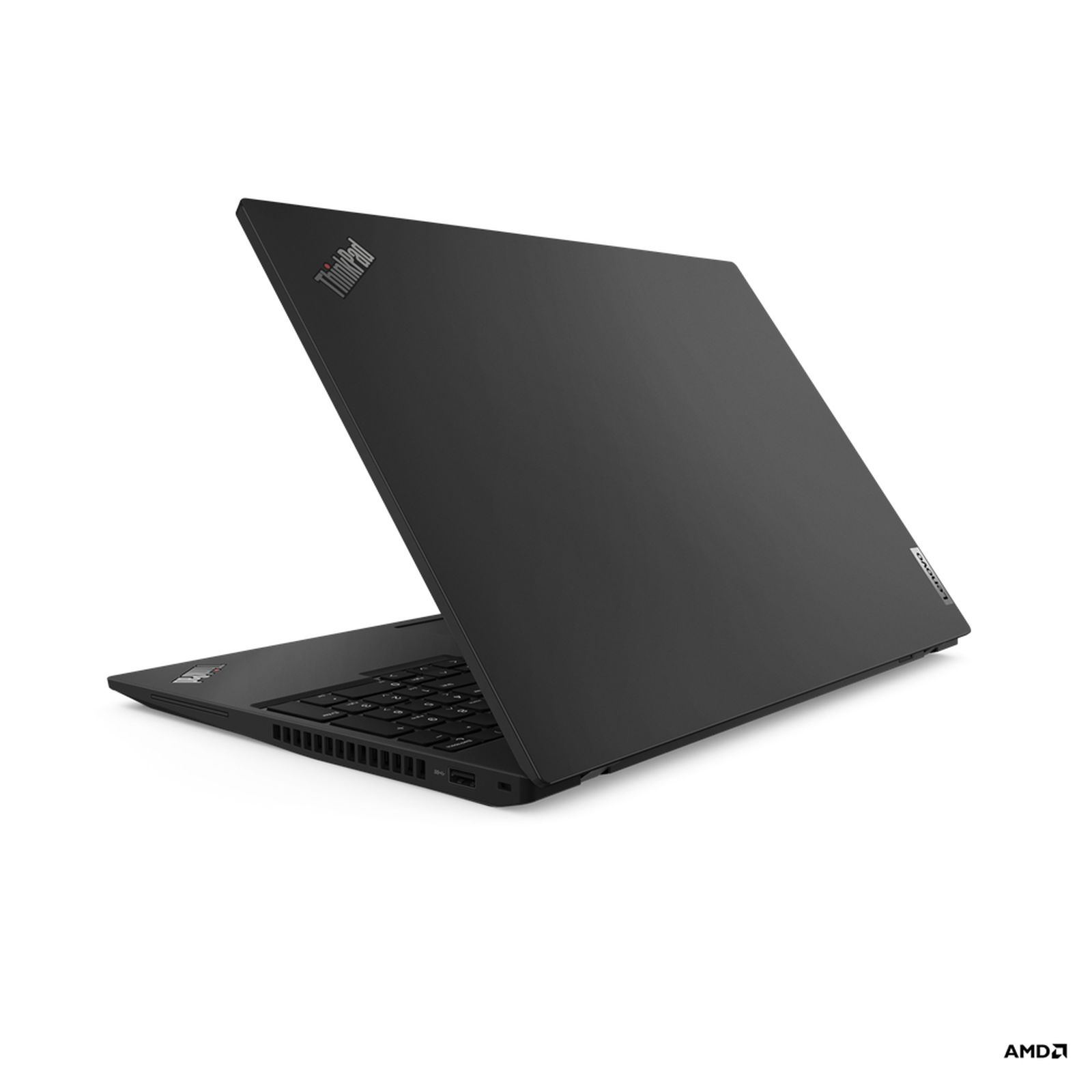 Laptop nero con schermo aperto, tastiera visibile. Logo Thinkpad sul coperchio, logo AMD in basso a destra.
