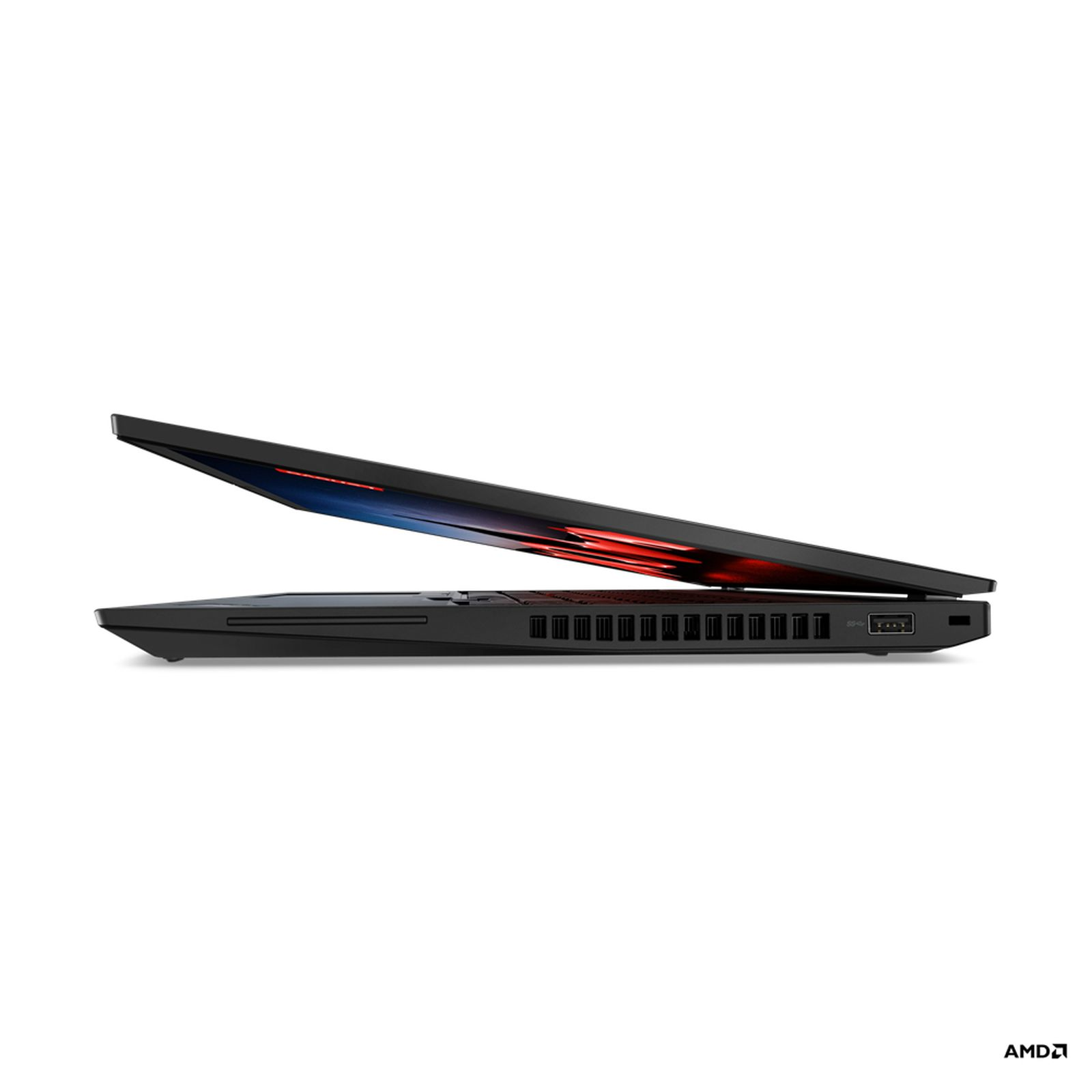 Un laptop nero leggermente aperto, che mostra l'interno con design rosso e schermo scuro.