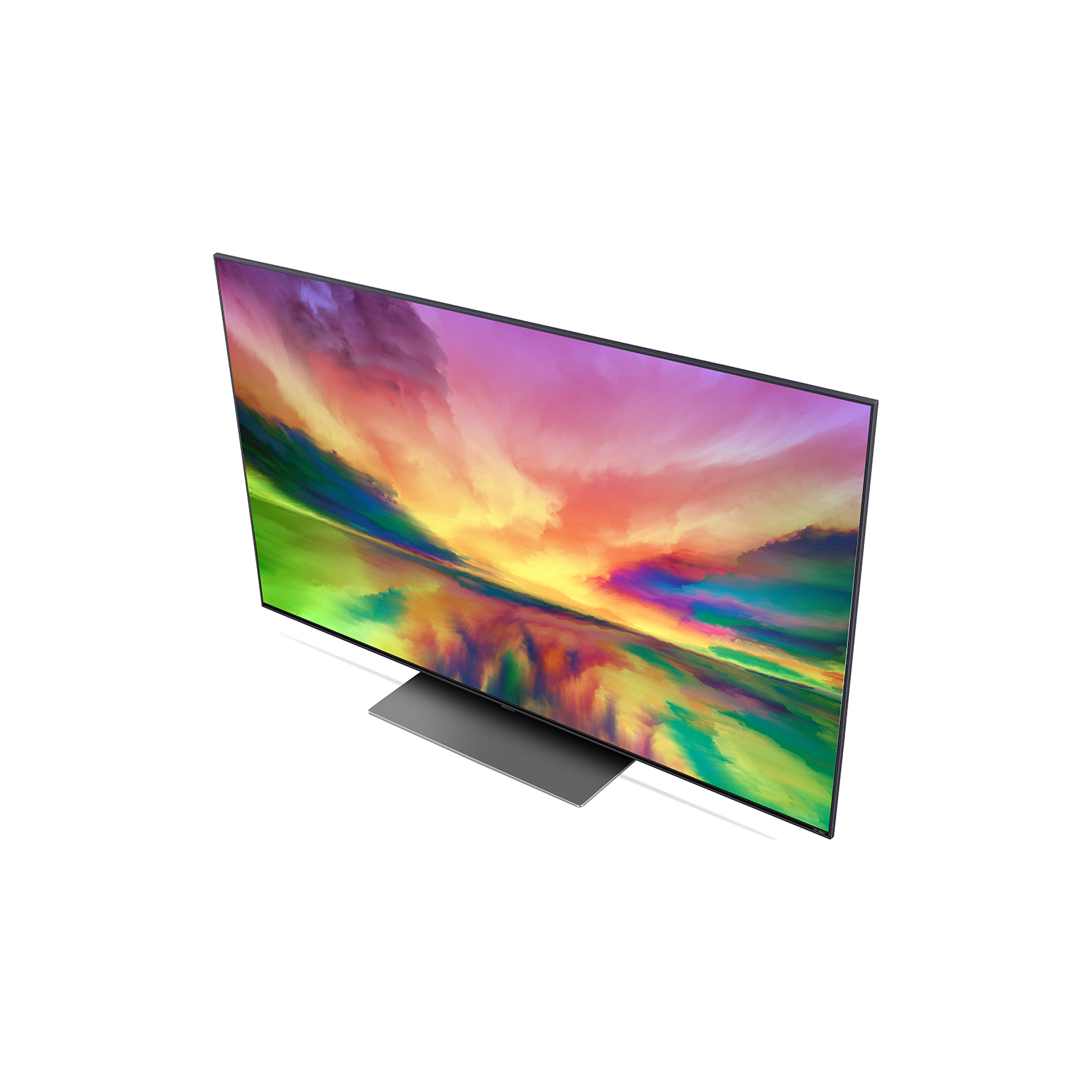 Ein moderner Fernseher zeigt ein farbenfrohes abstraktes Bild vor schwarzem Hintergrund.