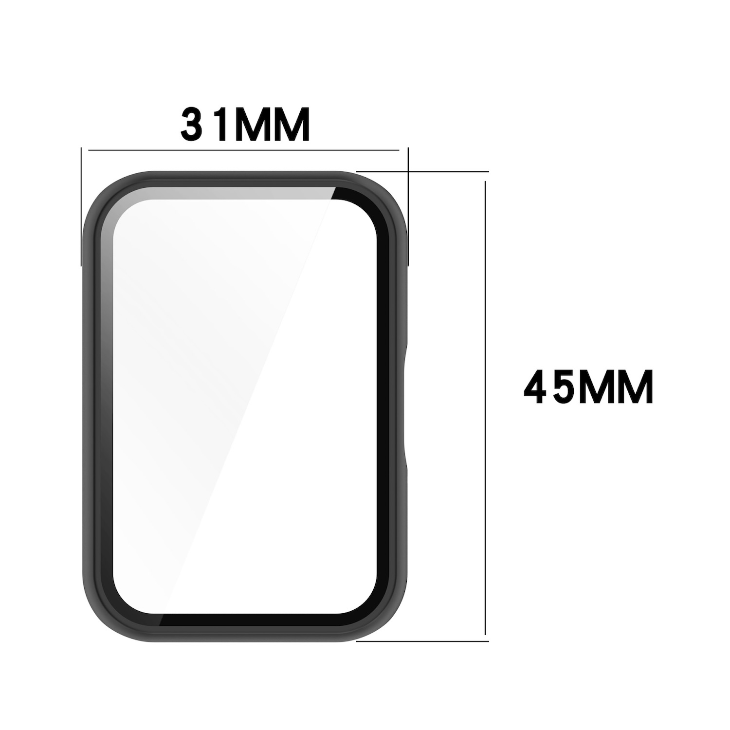 Displayschutzfolie für eine Smartwatch. Rechteckig, schwarz gerahmt, mit Maßen.