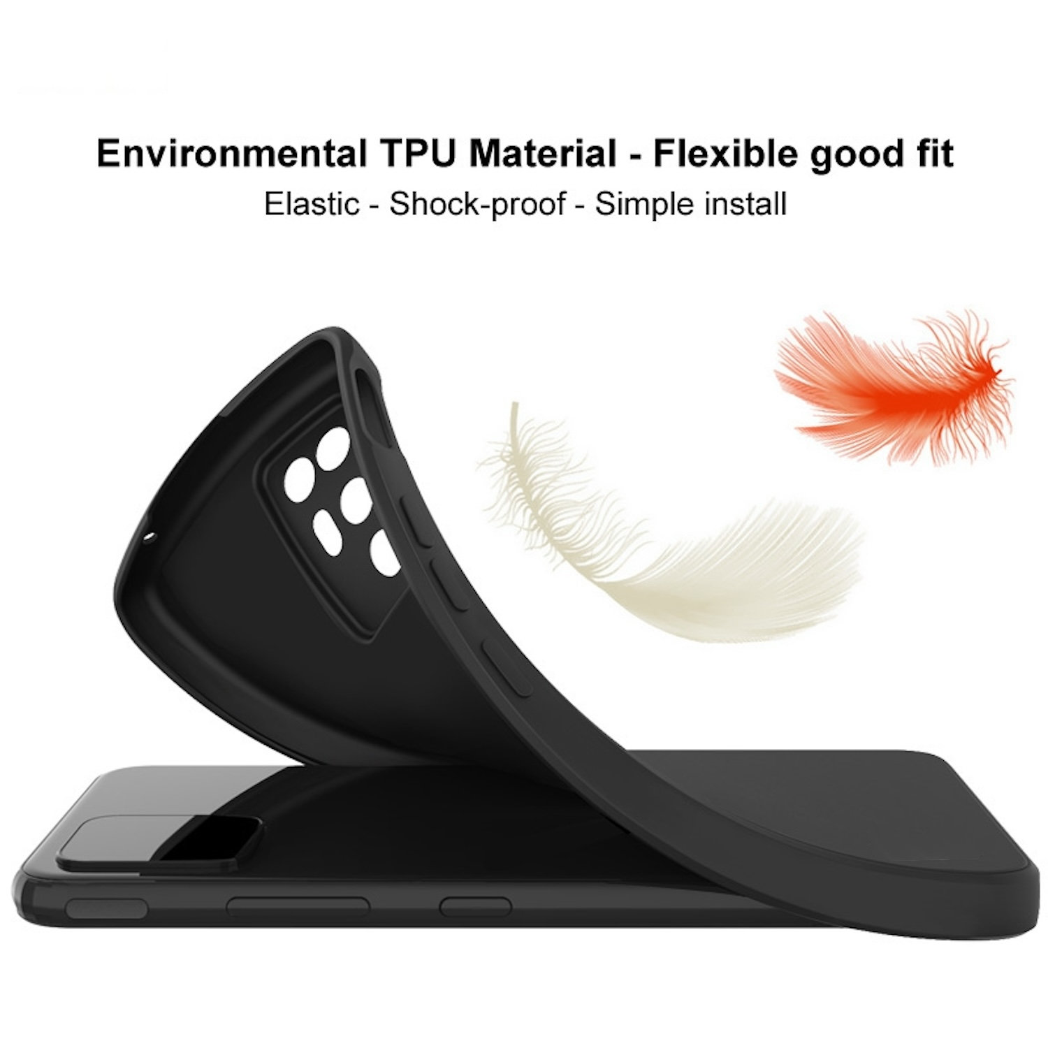 Schwarze Handyhülle mit gebogener Form. Text lautet: Umweltfreundliches TPU-Material, flexible gute Passform.
