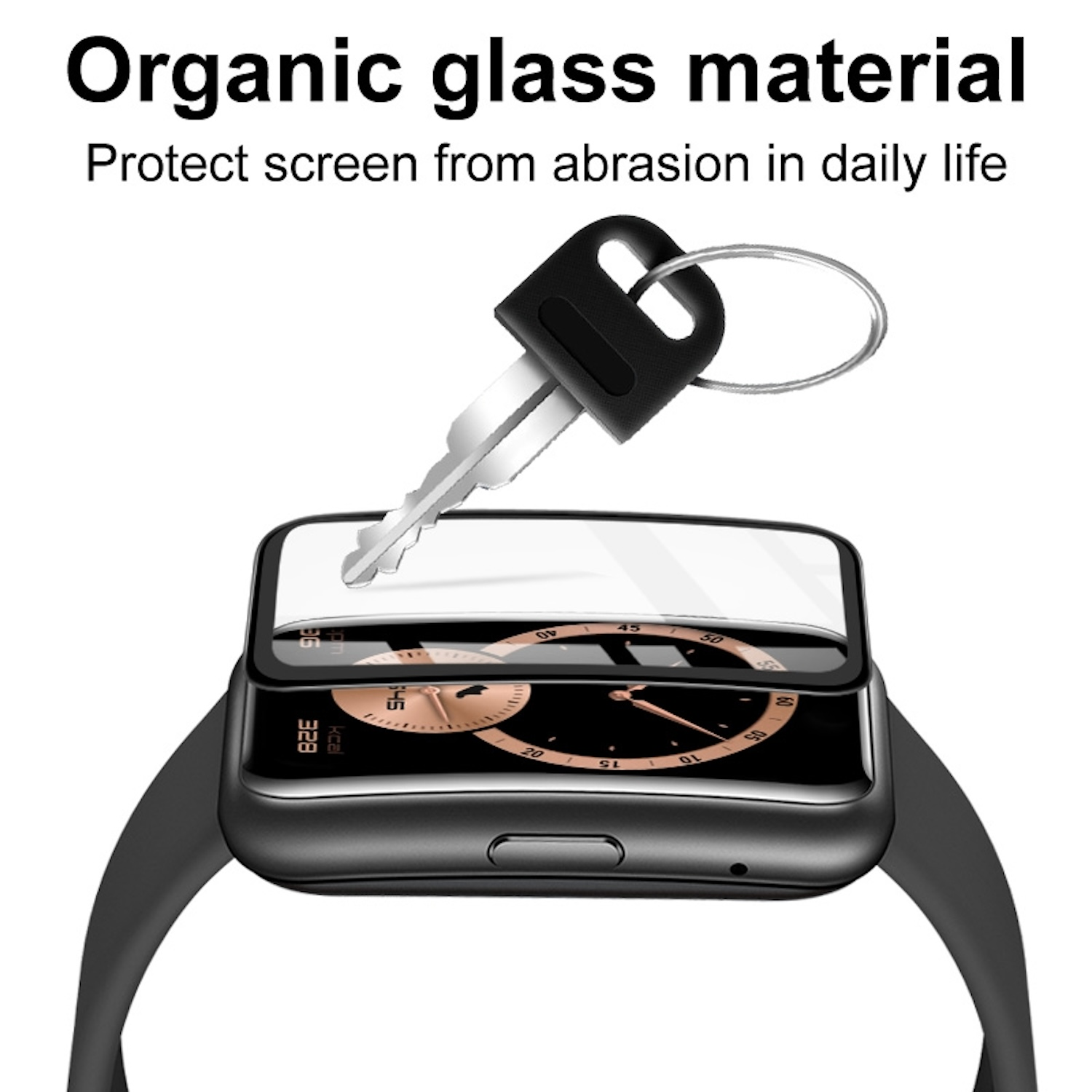 Ein Schlüssel liegt über einer Smartwatch mit Displayschutz. Die Uhr hat ein schwarzes Armband.