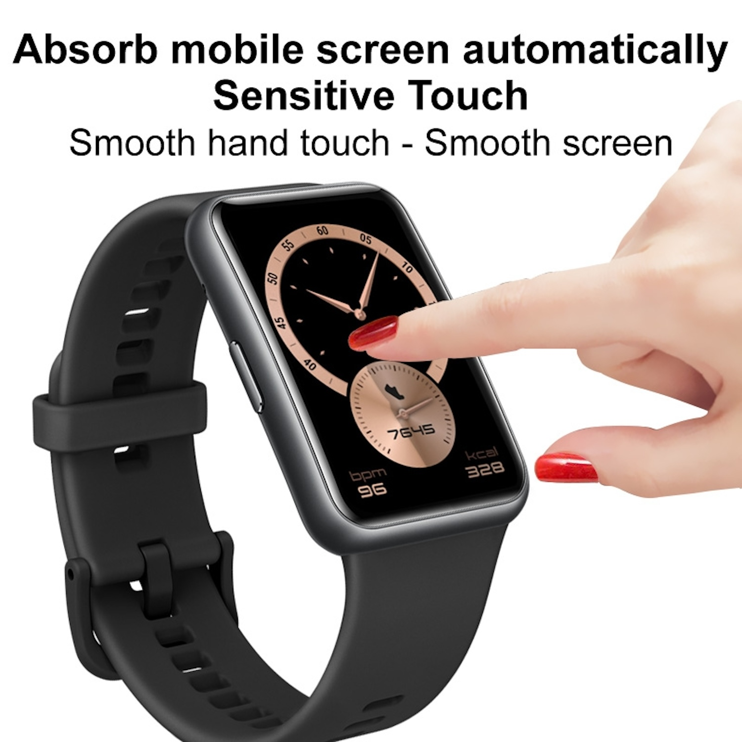 Eine Person berührt eine schwarze Smartwatch, zeigt die Anzeige des Bildschirms mit Statistiken.