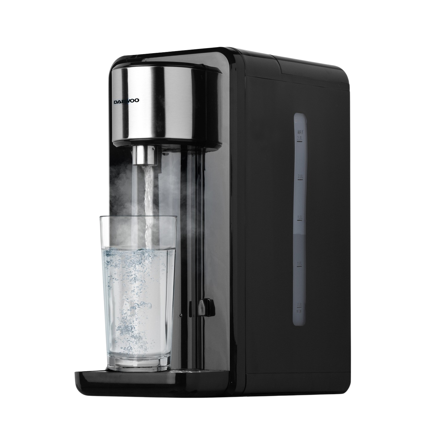 Black water dispenser with a glass filling up, showing water flow and level indicators.