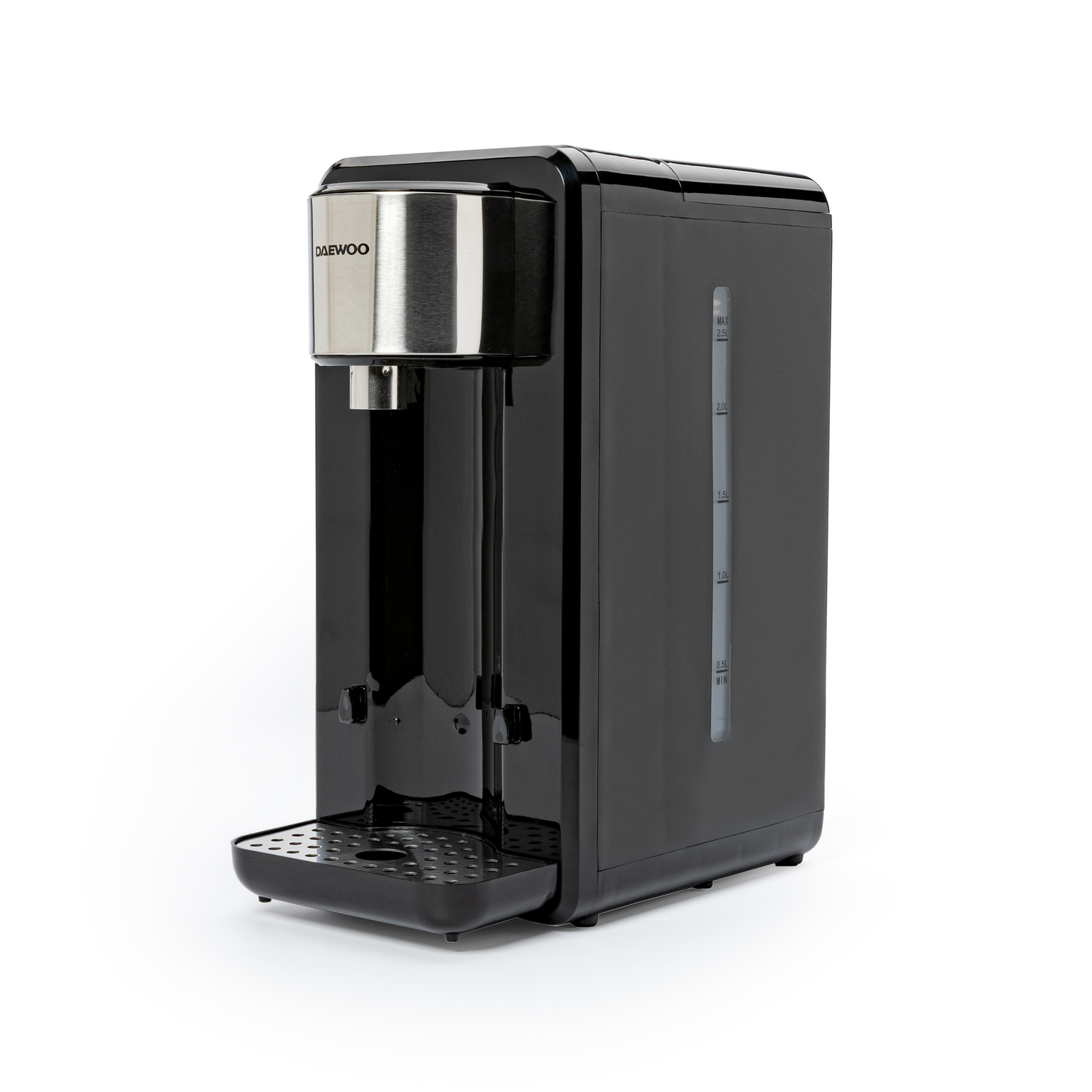 Black Daewoo water dispenser with a silver spout. White background.