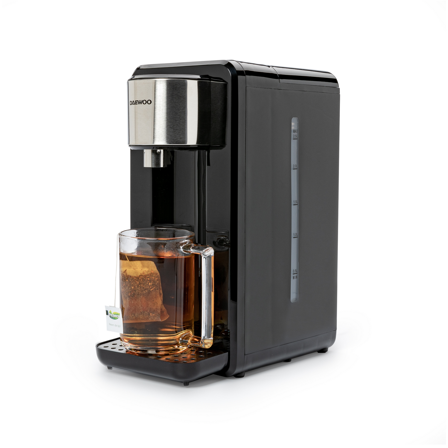 Black Daewoo tea maker with glass cup, tea bag, and water level indicator.