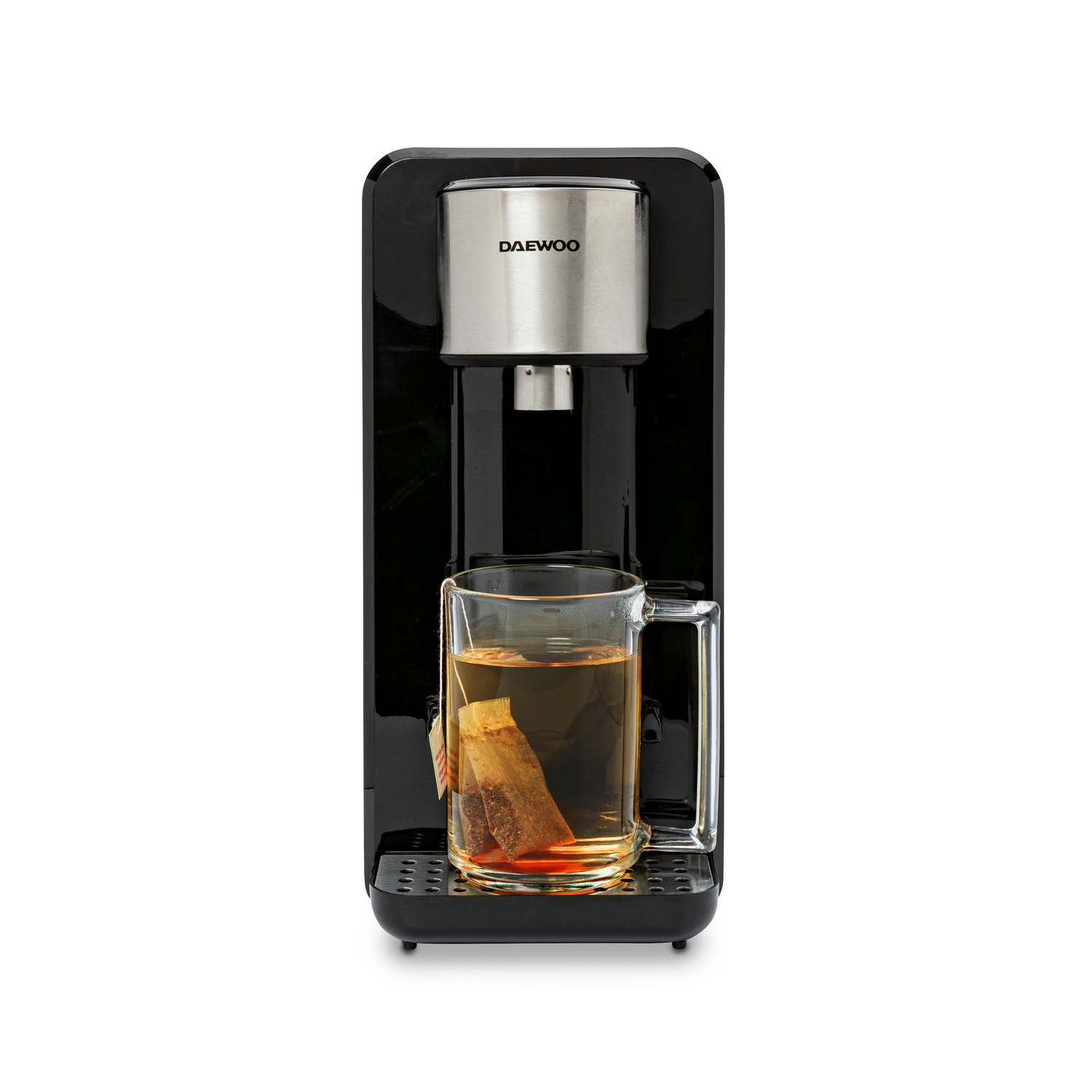 Black tea maker with a glass cup and tea bag inside. 