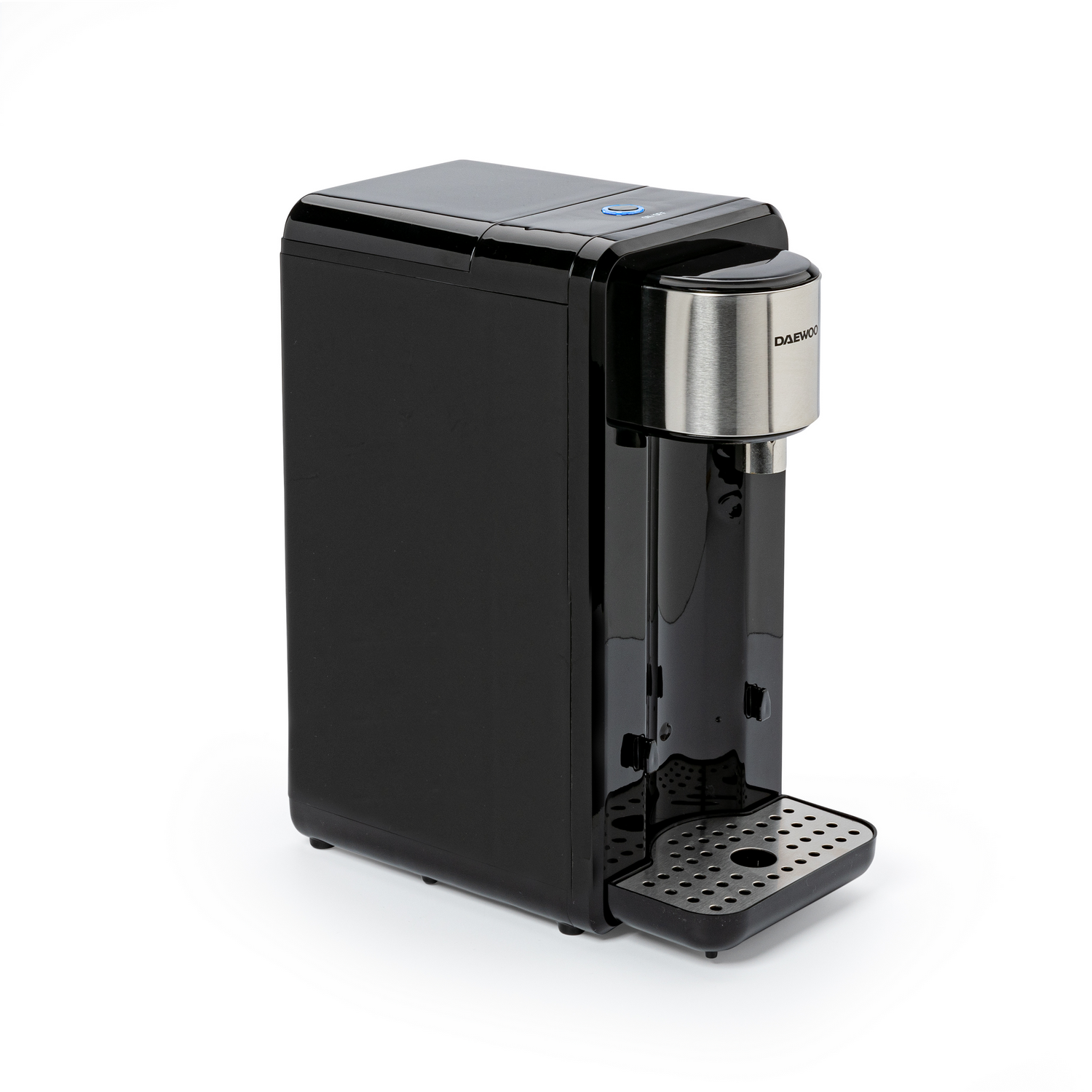 A black and silver water dispenser with a Daewoo logo, on a white background.