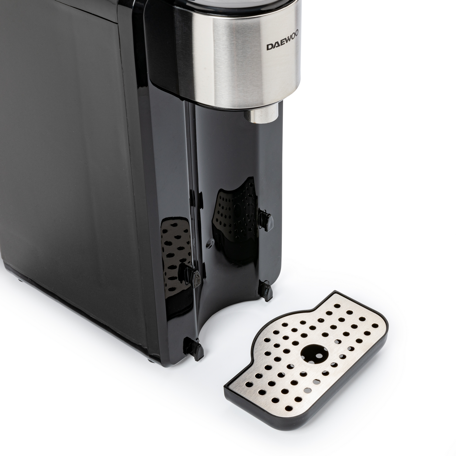 Black Daewoo water dispenser with detached drip tray. White background.