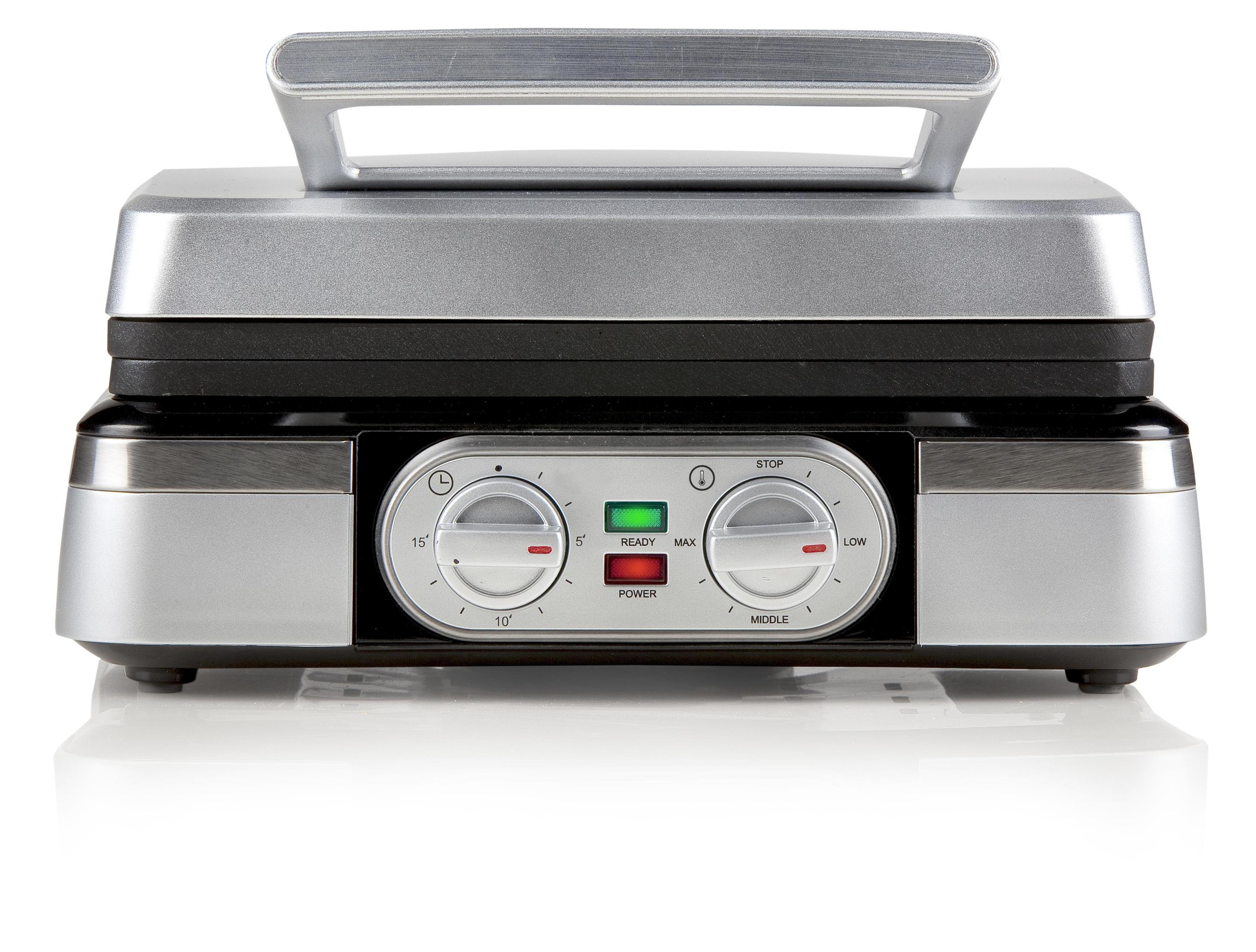 Srebrno-czarny grill elektryczny z pokrętłami i lampkami statusu na białym tle.