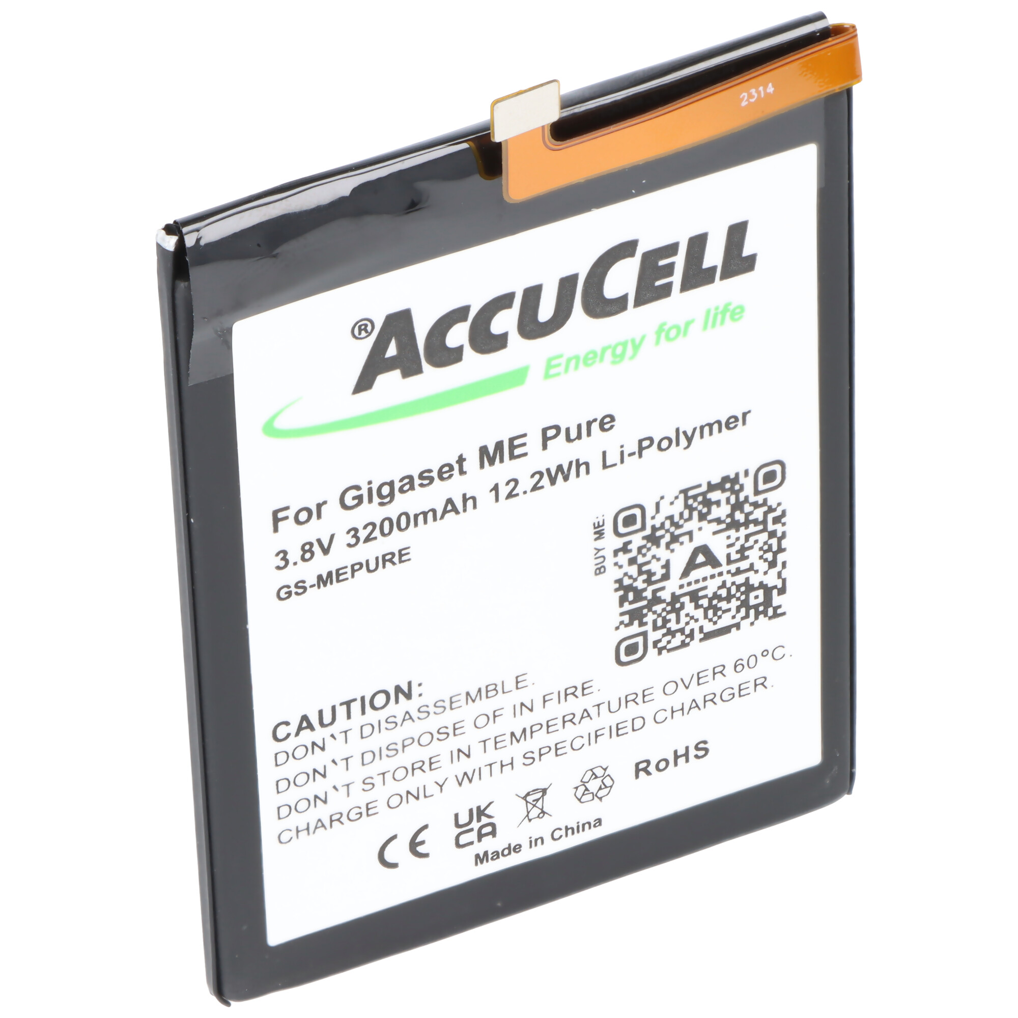 Accucell-Akku für Gigaset-Telefon. Schwarzes Rechteck mit weißem Etikett. QR-Code rechts.