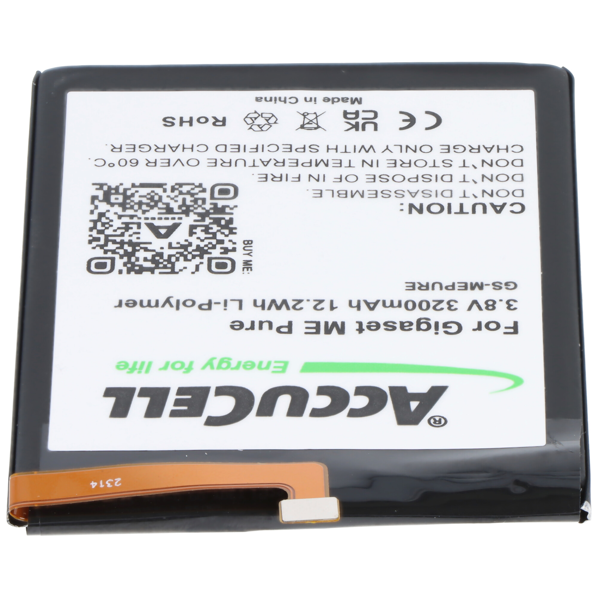 Schwarz-weiße Batterie mit Etikett. Text enthält Sicherheitshinweise und technische Infos.
