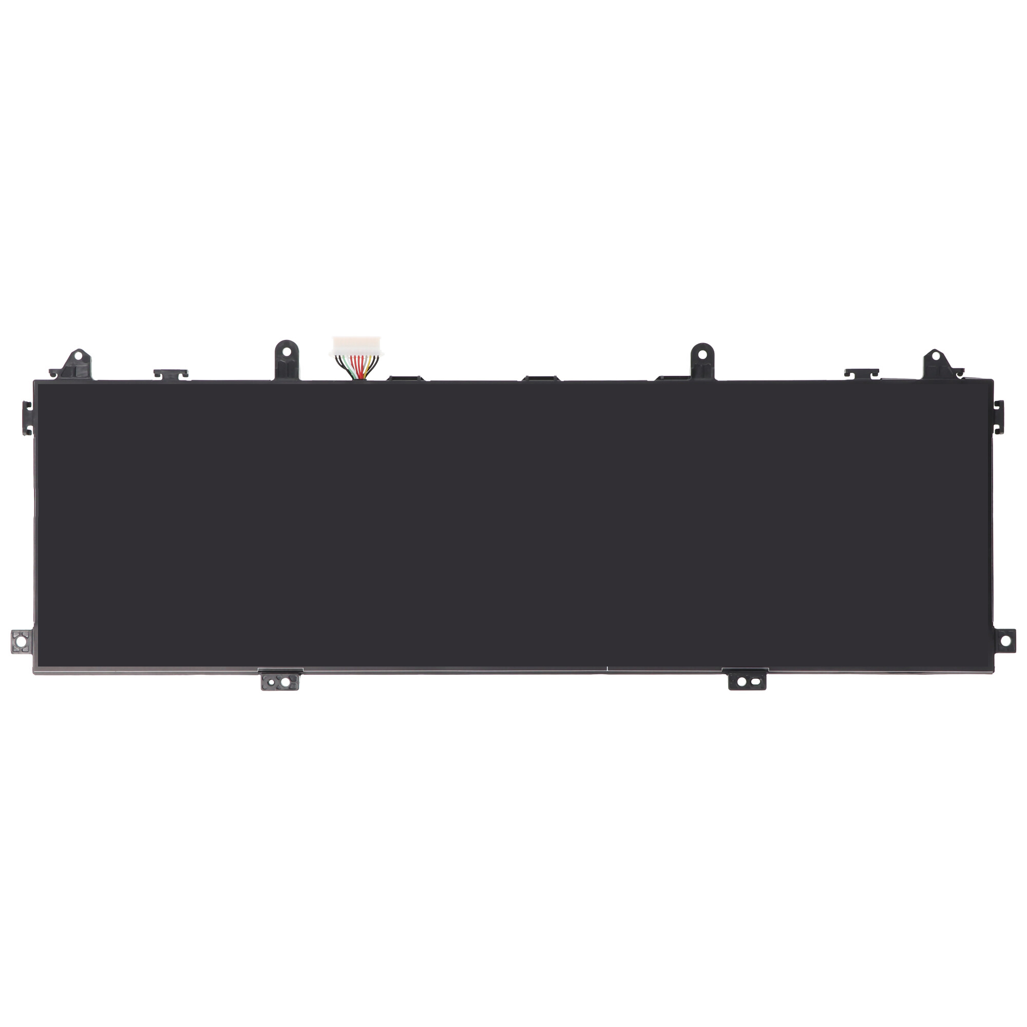 Schwarzer Laptop-Akku mit weißem Stecker auf weißem Hintergrund.