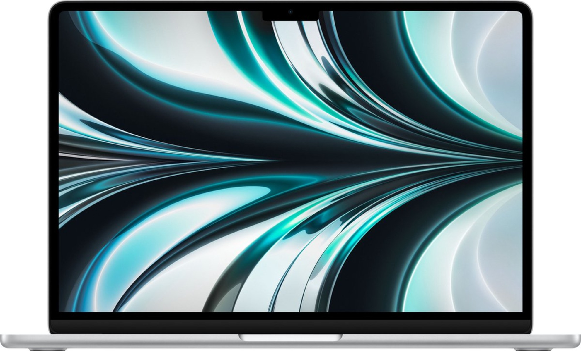 Een zilveren laptop met een scherm met een turquoise en zwart abstract ontwerp.