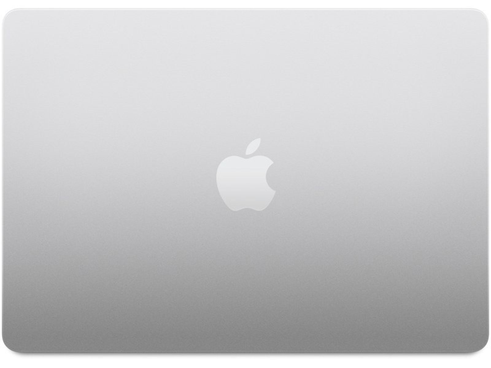 Zilveren laptop met Apple-logo op de achterkant, bovenaanzicht, geïsoleerd op wit.