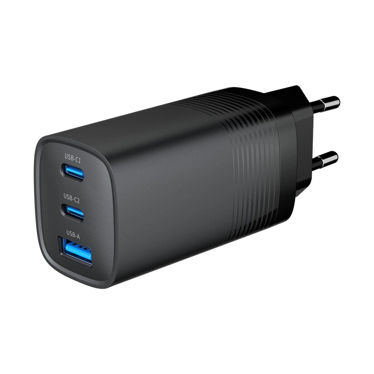 Schwarzes Ladegerät mit drei USB-Anschlüssen, beschriftet mit USB-C1, USB-C2 und USB-A.
