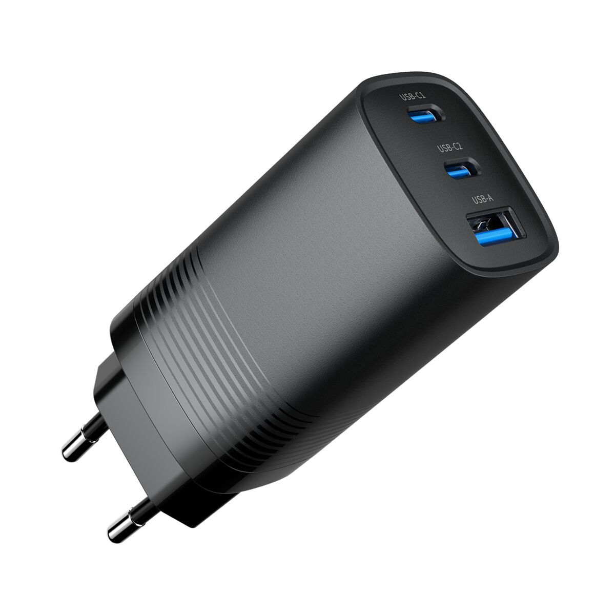 Schwarzes Ladegerät mit drei USB-Anschlüssen. USB-C, USB-C2 und USB-A. Weißer Hintergrund.