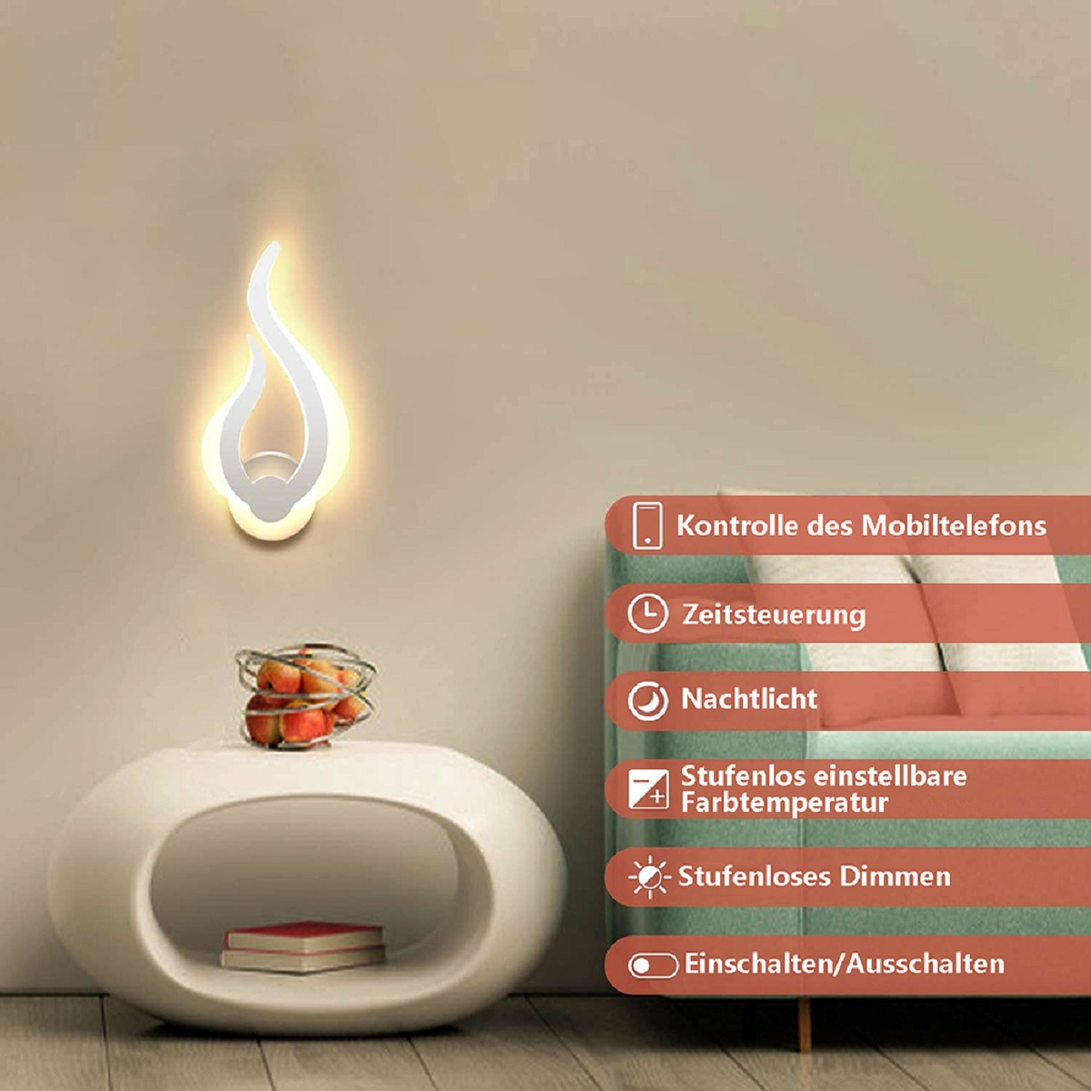 Wandleuchte mit Flammen-Design. Weiß, mit warmem Licht. Merkmale mit Symbolen und Text rechts.