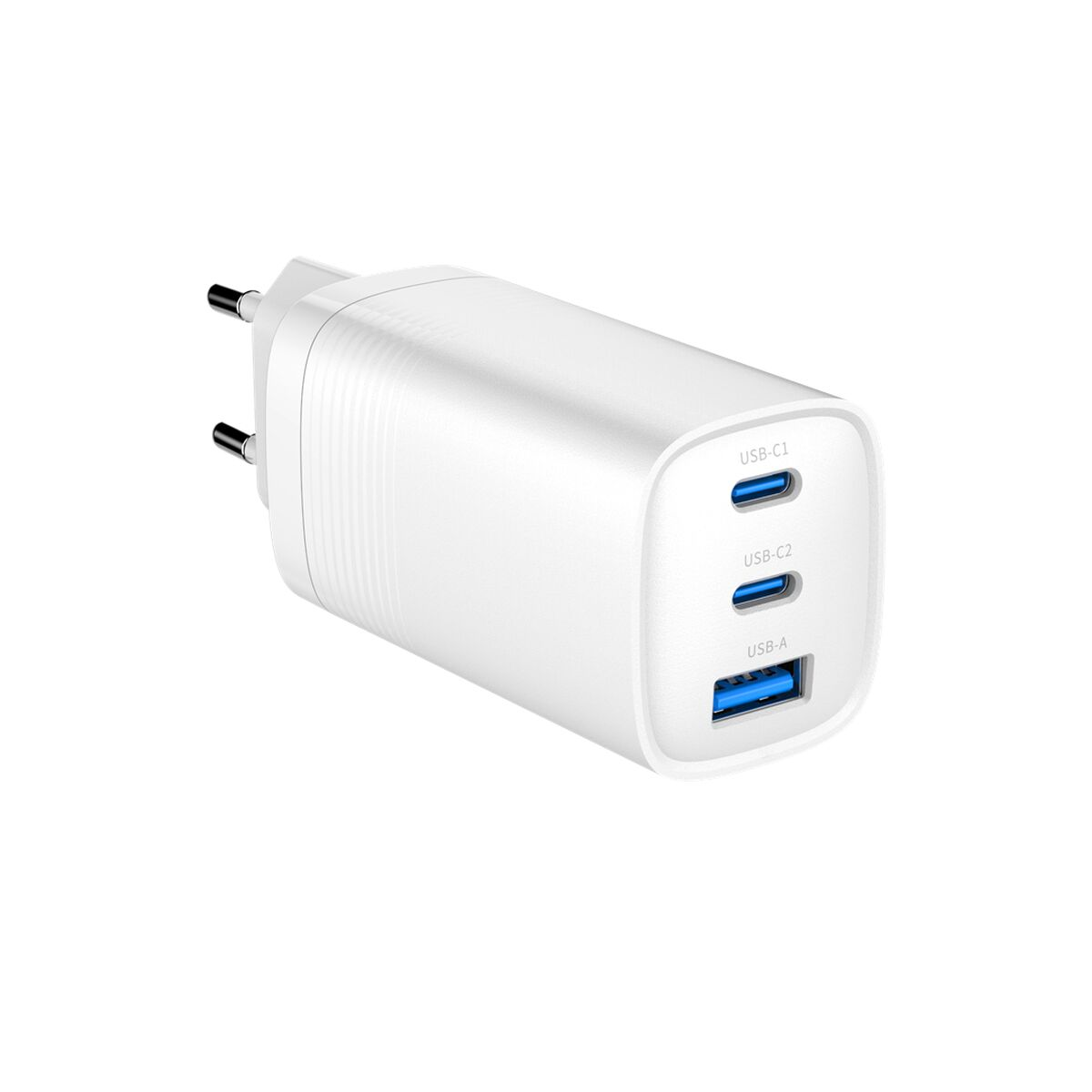 Witte oplader met drie USB-poorten, gemarkeerd met USB-C1, USB-C2 en USB-A.