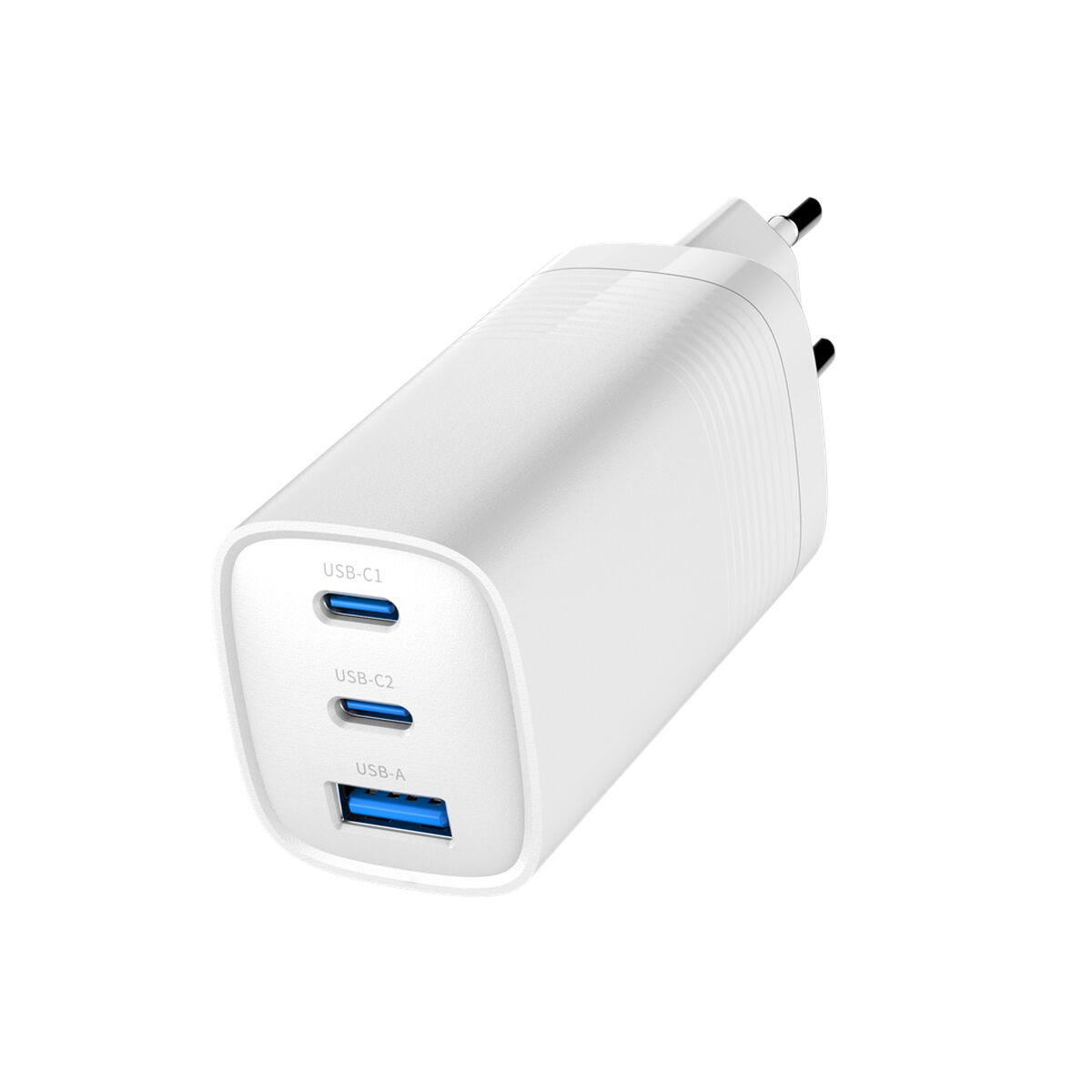 Een witte voedingsadapter met drie USB-poorten: USB-C1, USB-C2 en USB-A.