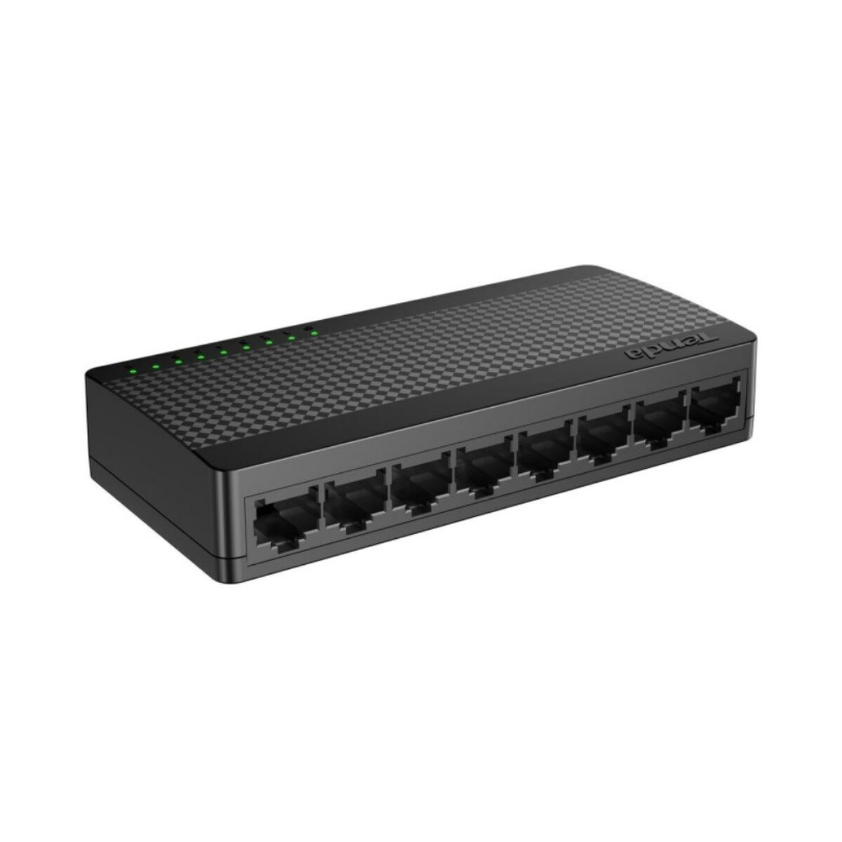 Ein schwarzer 8-Port-Netzwerk-Switch mit grünen Lichtern.