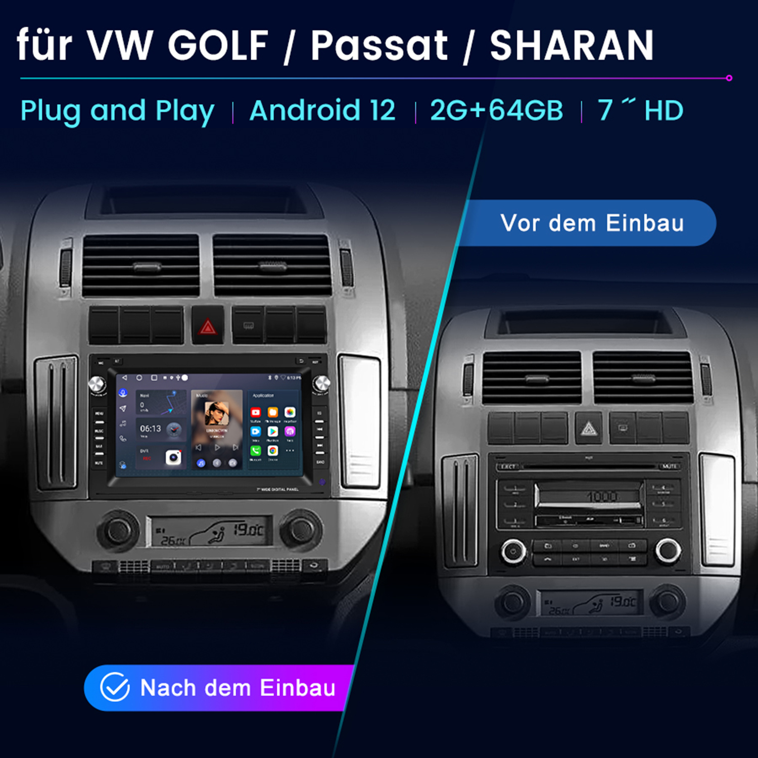 Auto-Multimediasystem, das die Installation vor und nach der Installation zeigt, mit Text auf Deutsch.