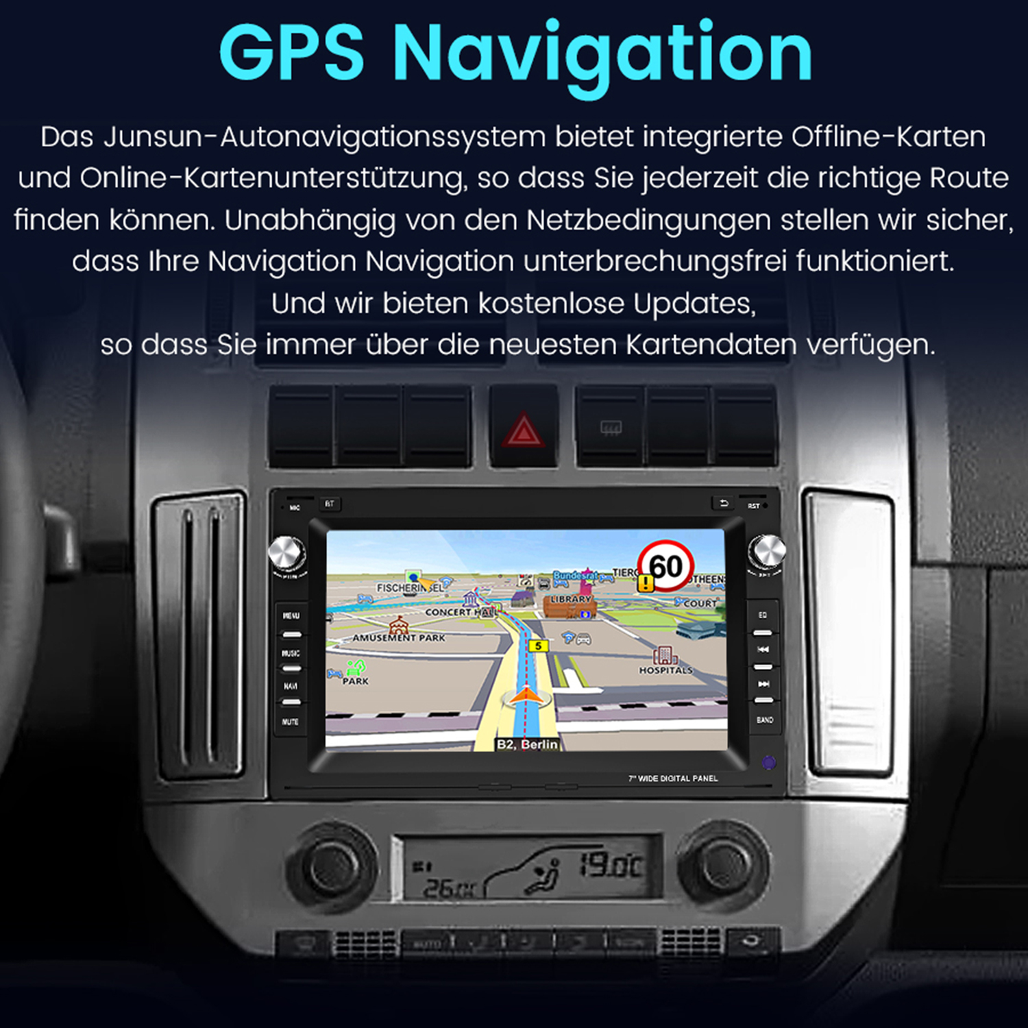 Auto-Navigationssystem-Bildschirm mit Kartenanzeige.