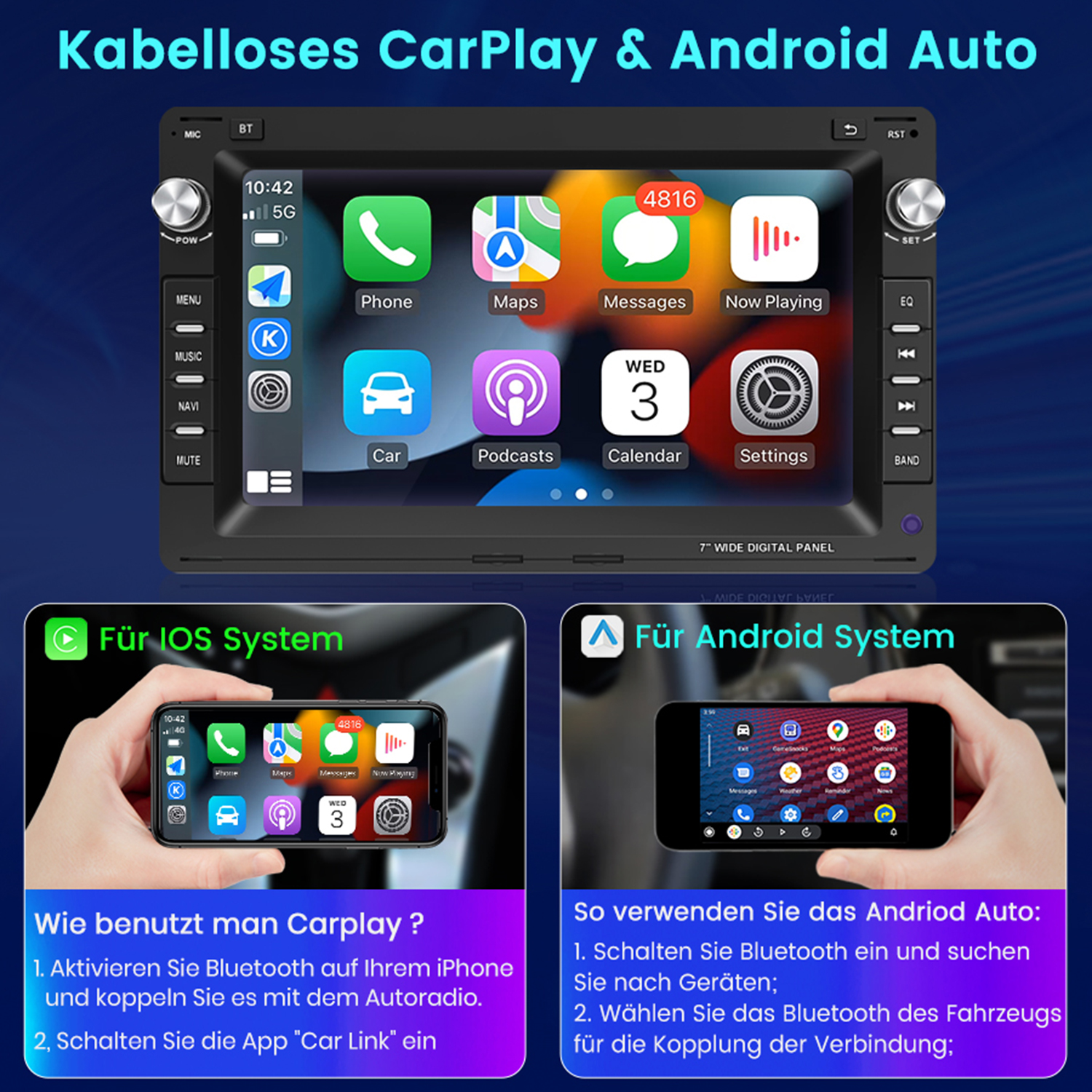 Auto-Multimedia-System mit Digital-Panel, zwei Handys zeigen CarPlay und Android Auto.