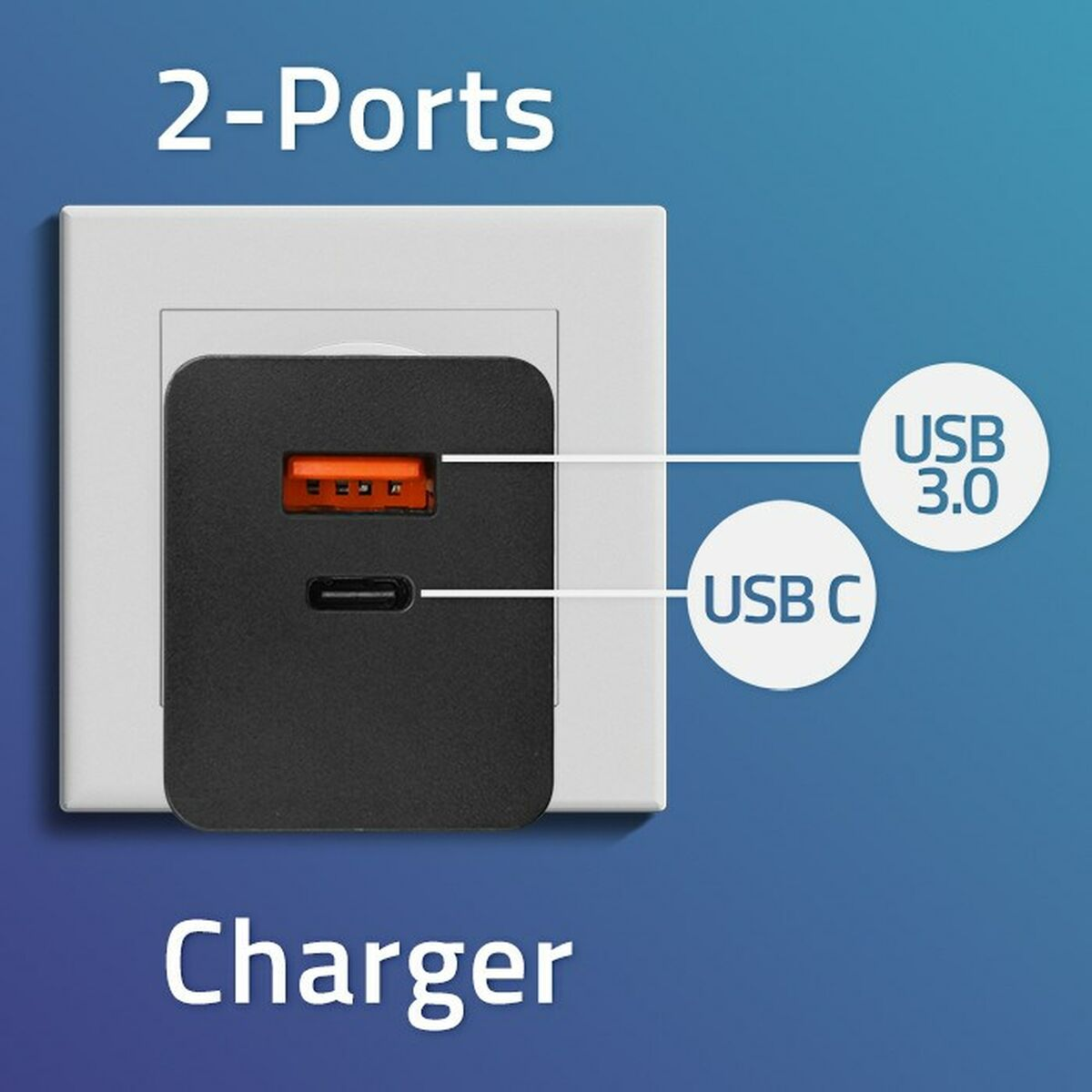 Ładowarka 2-portowa włożona do ściany. Etykiety tekstowe USB 3.0 i USB C.