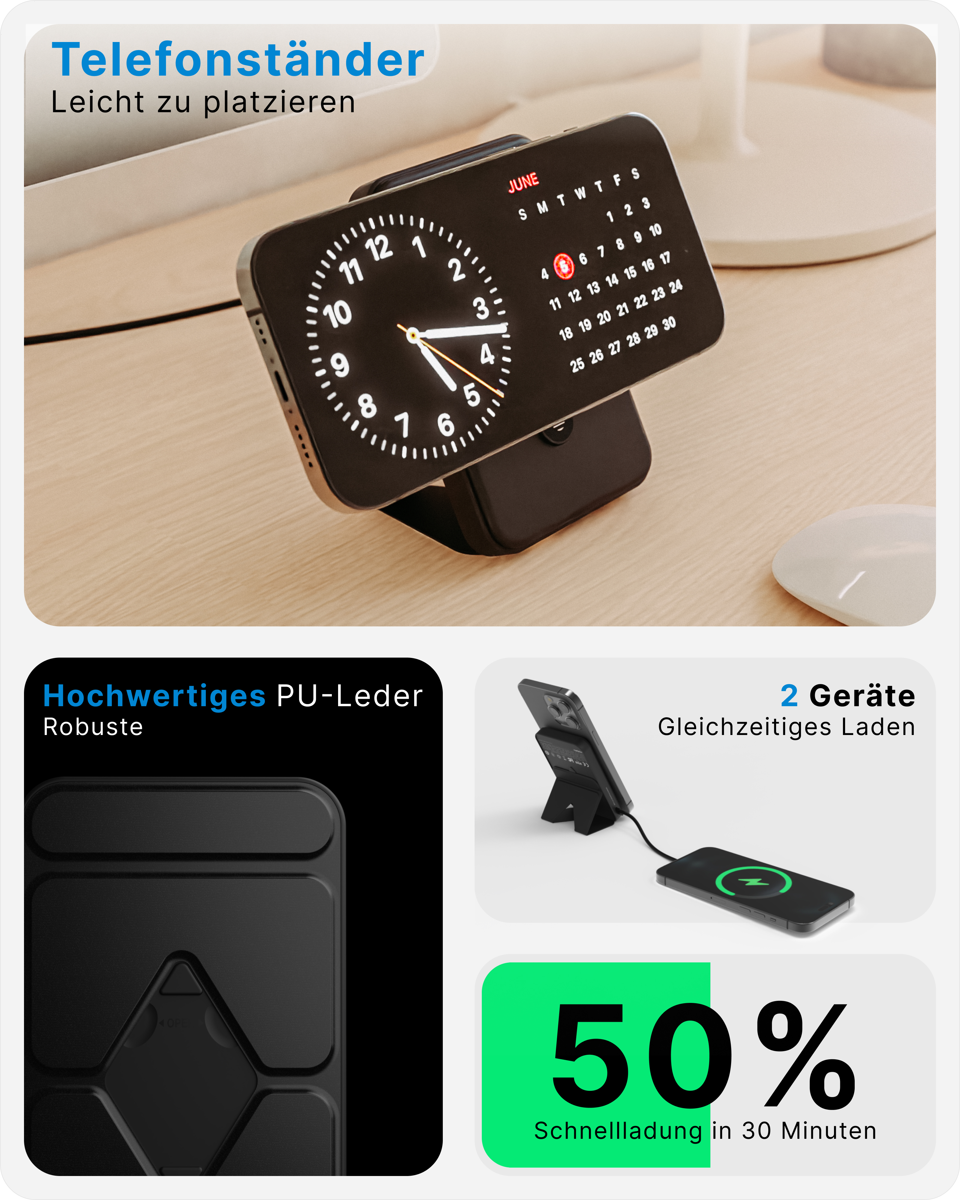 Schwarzer Telefonständer mit Uhr, Kalender und kabellosem Laden, mit Text und Bildern.