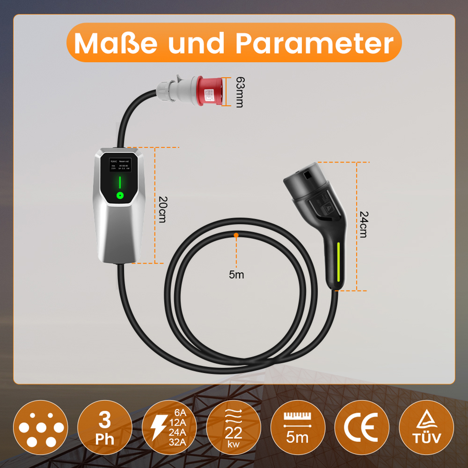 Ein Diagramm mit einer silbernen Ladestation und einem schwarzen Ladekabel, plus Parametern.