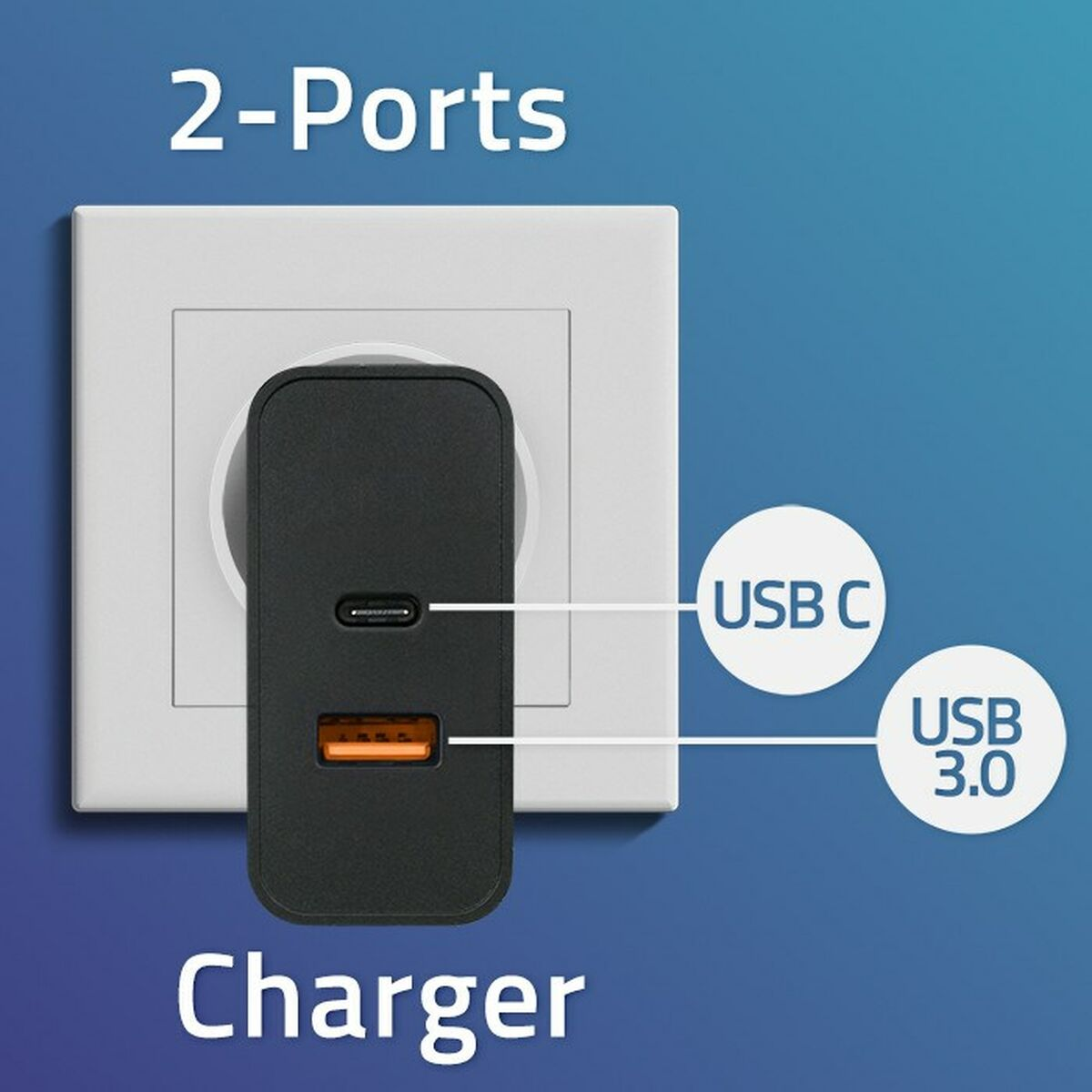 Czarna ładowarka z 2 portami (USB C i USB 3.0) włożona do białego gniazdka ściennego.