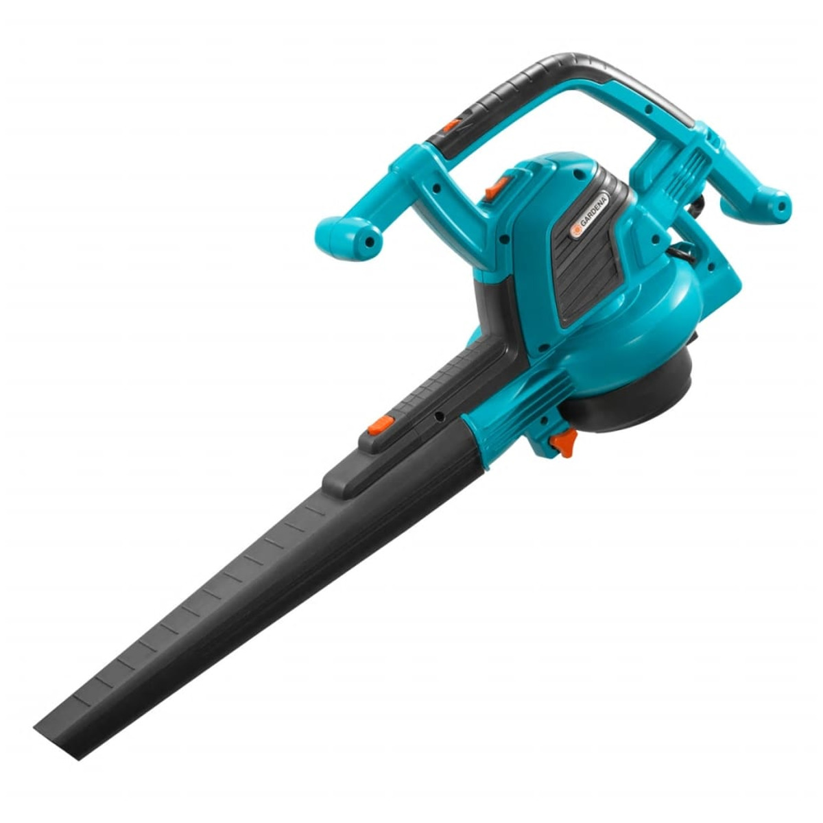 Laubbläser, türkis-schwarzes Gehäuse, Griff, Düse, weißer Hintergrund.