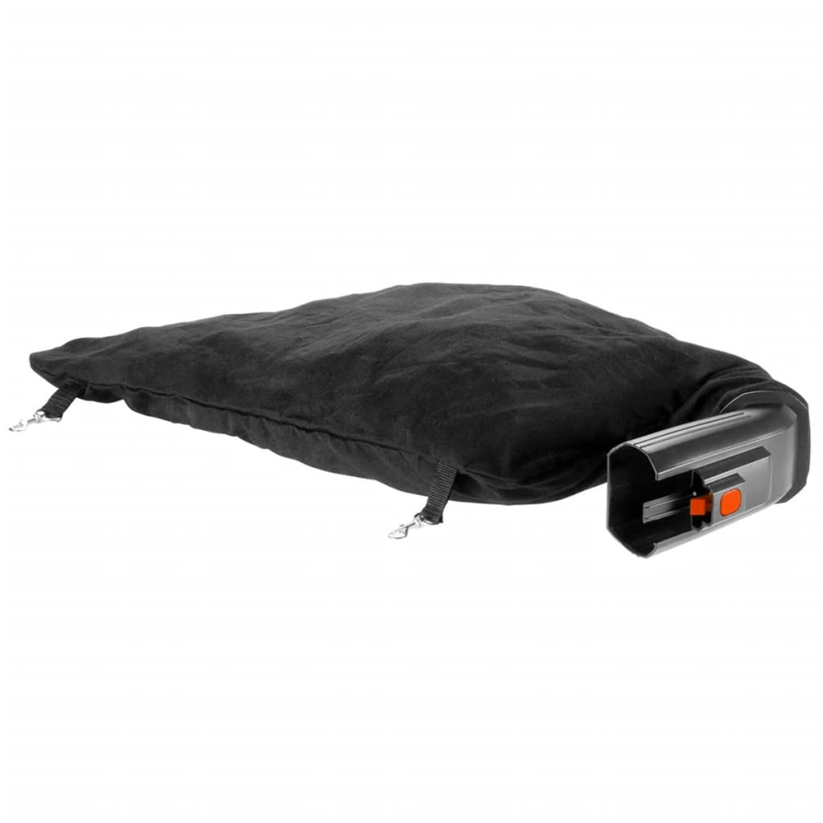 Schwarzer Laubbläsersack mit schwarzer Düse und orangefarbener Taste an der Seite.