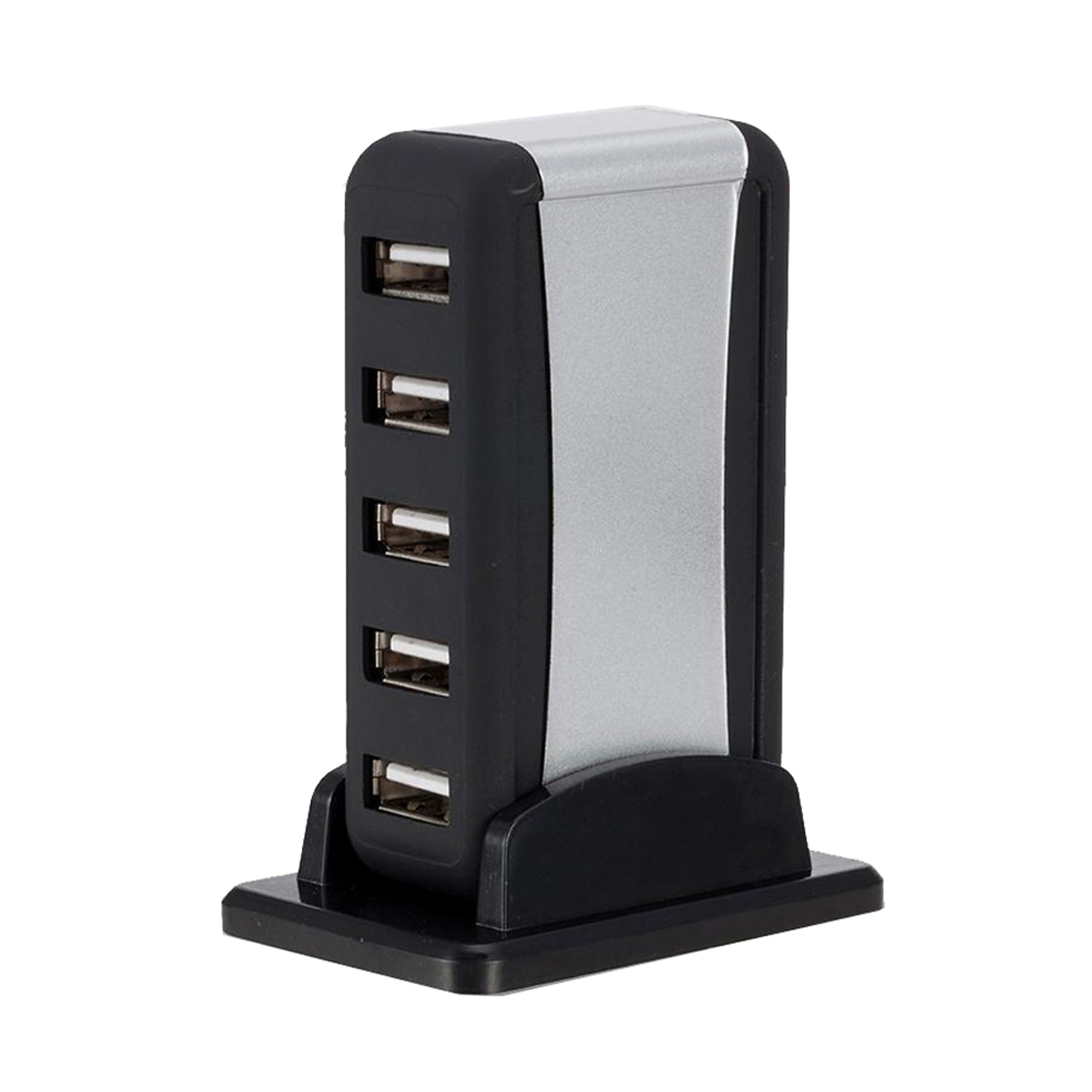 USB-Hub mit sechs Anschlüssen, schwarz-silbernes Design.