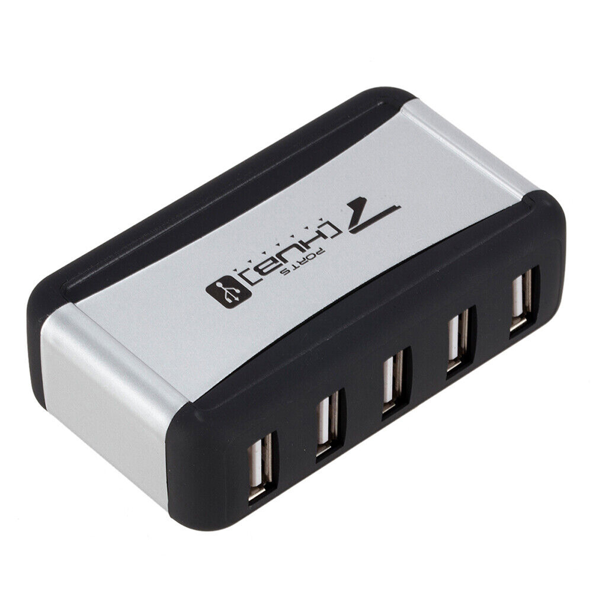 Ein silber-schwarzer 7-Port-USB-Hub. Es hat mehrere USB-Anschlüsse auf der Vorderseite.