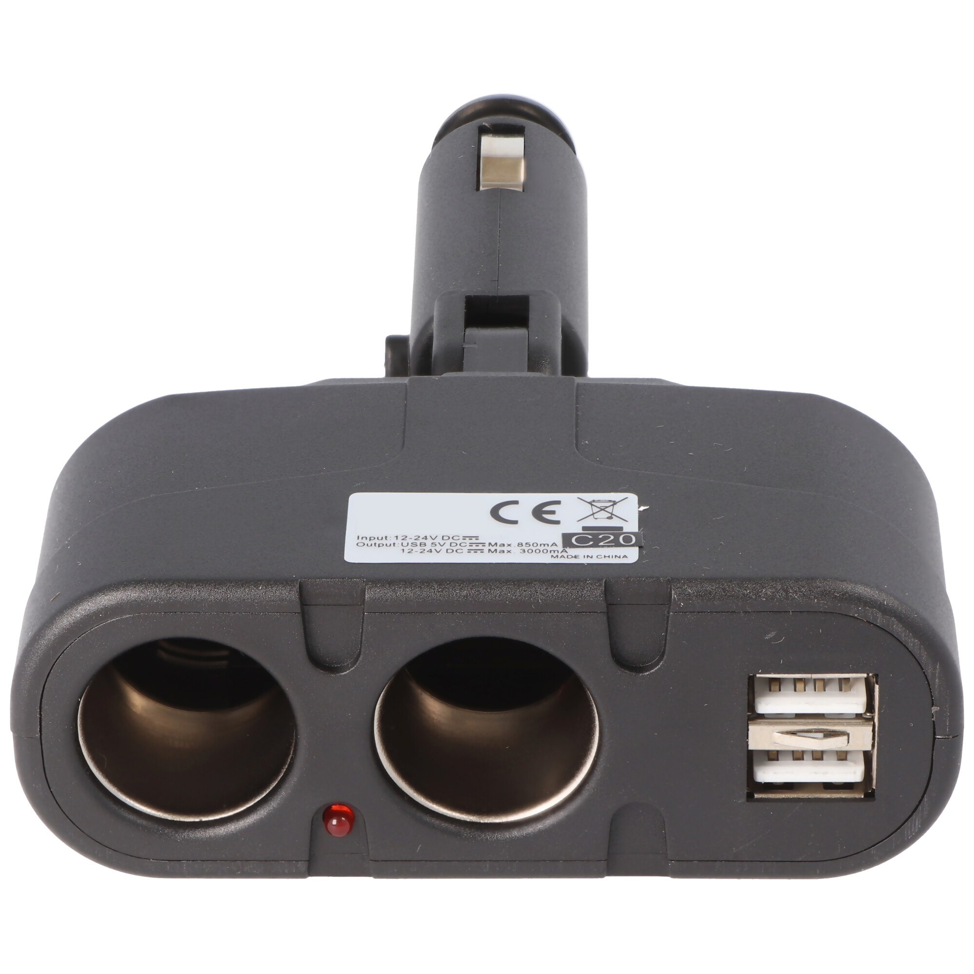 Ein schwarzer Auto-Adapter mit zwei USB-Anschlüssen und zwei Zigarettenanzünder-Buchsen.