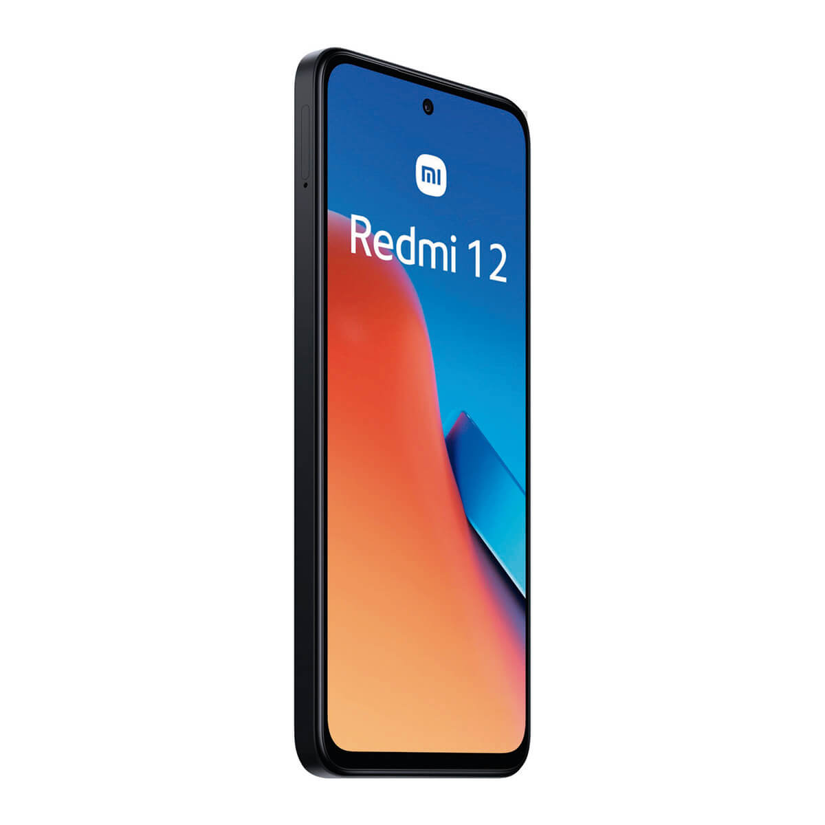 Ein schwarzes Smartphone mit einem Bildschirm, der 'Redmi 12' anzeigt. Das Telefon hat einen schwarzen Rahmen.
