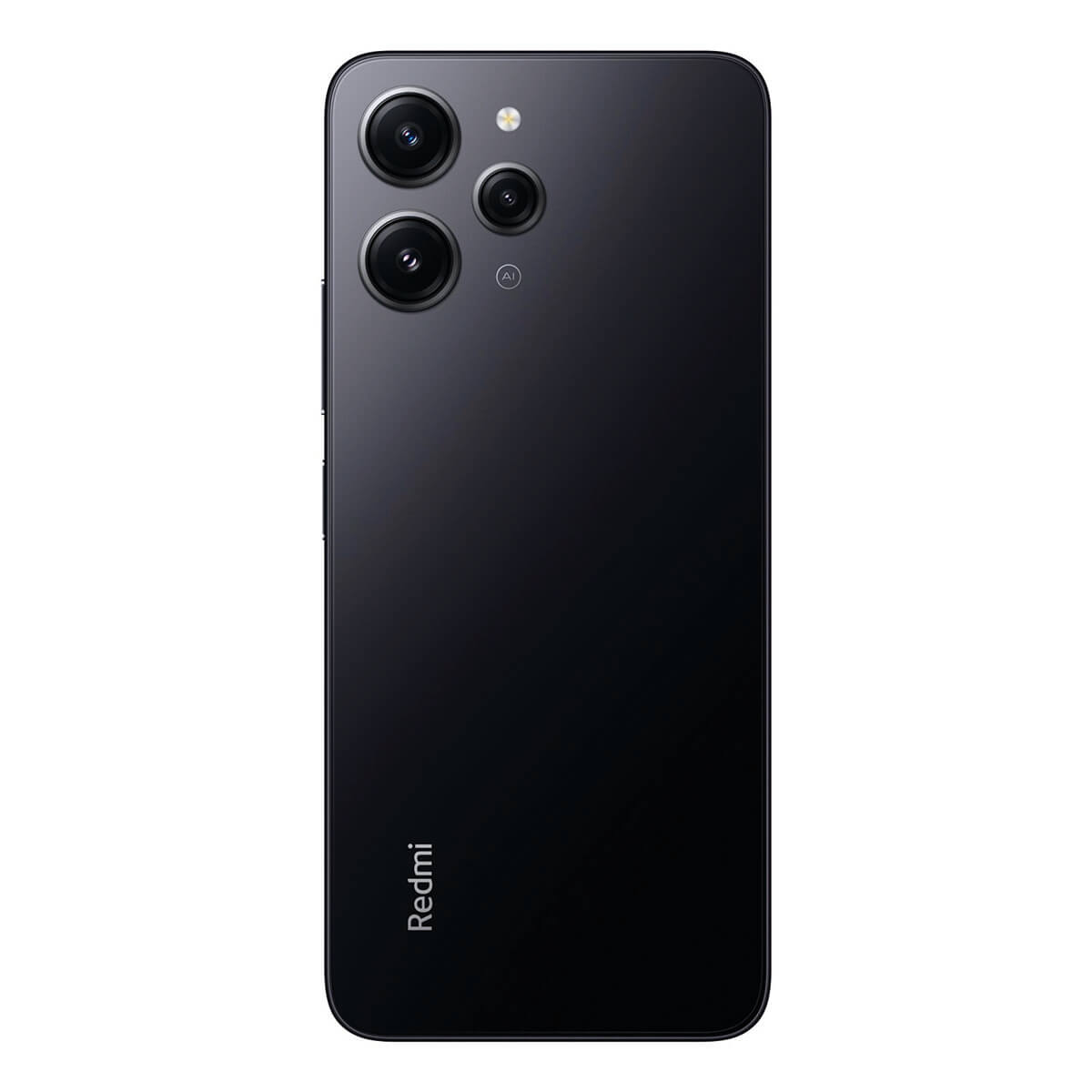 Schwarzes Smartphone mit drei Rückkameras, einem Blitz und dem Redmi-Logo.