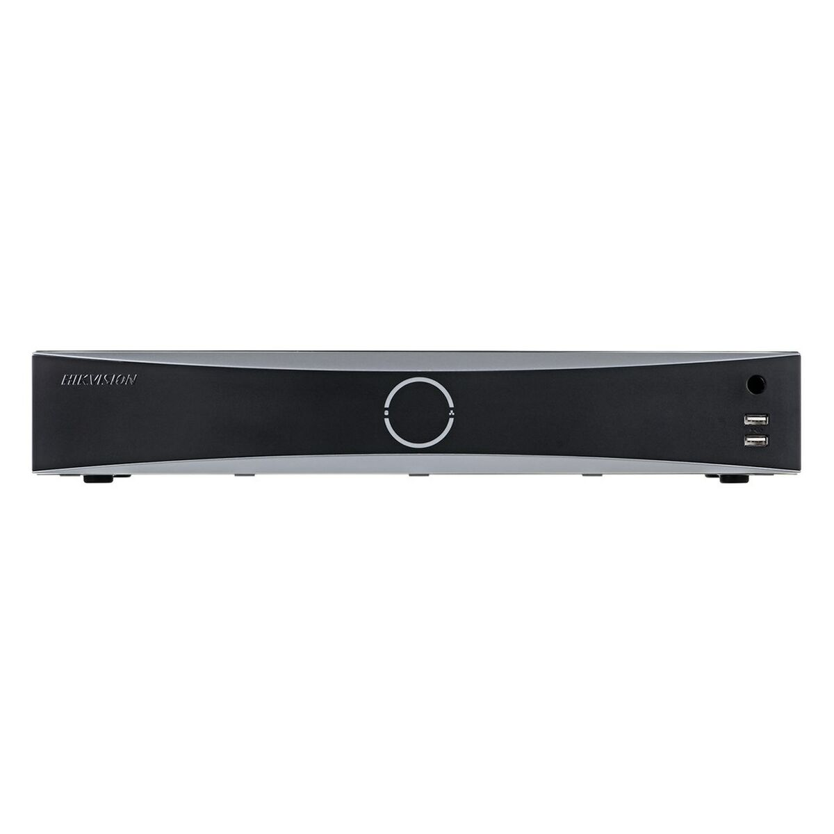 Schwarzes DVR-Gerät, Vorderansicht. Es hat einen Ein-/Ausschalter und USB-Anschlüsse.