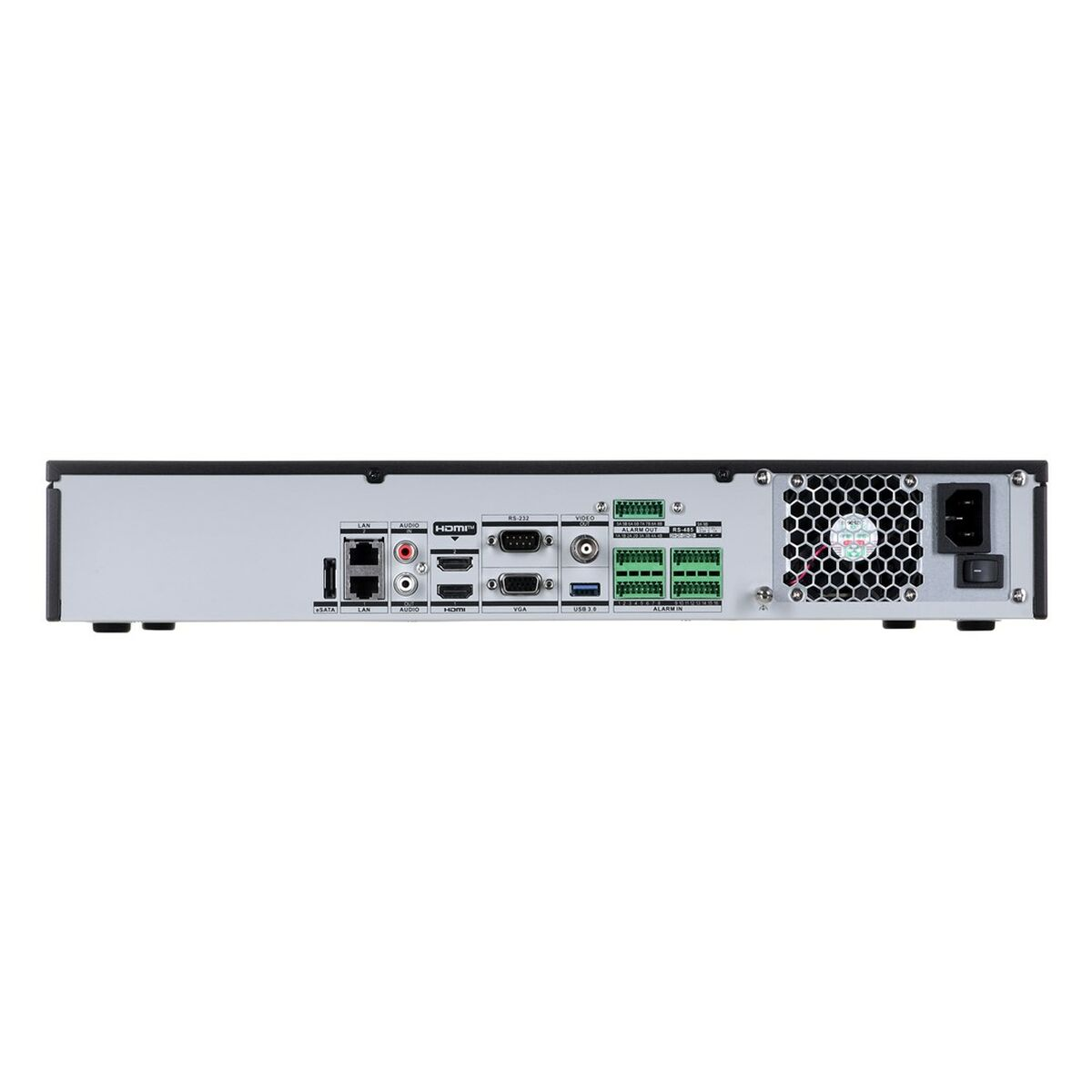Rückansicht eines schwarzen DVR-Geräts mit verschiedenen Anschlüssen und einem Lüfter.