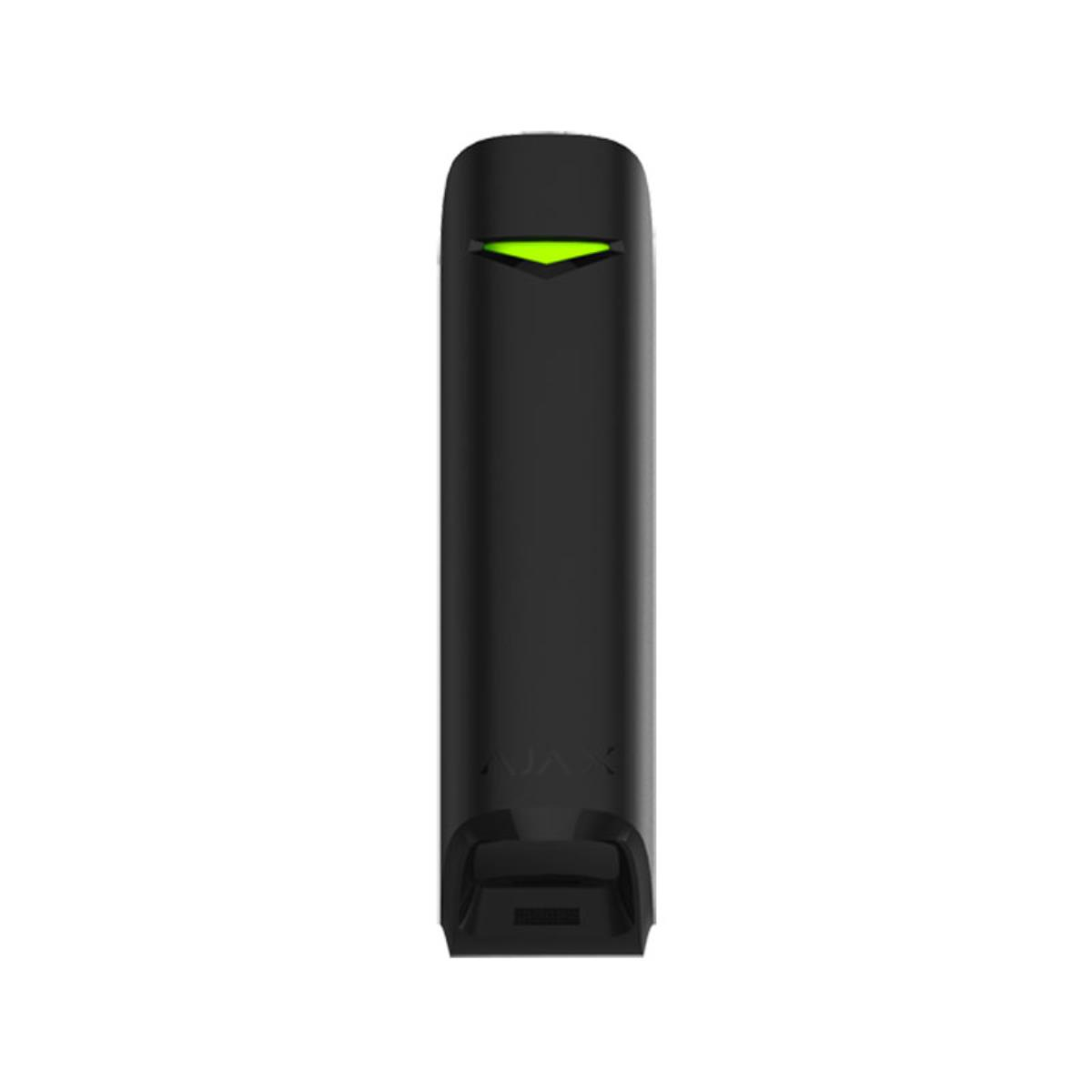 Dispositivo di sicurezza rettangolare nero con una luce verde in alto. Il marchio è visibile in basso.