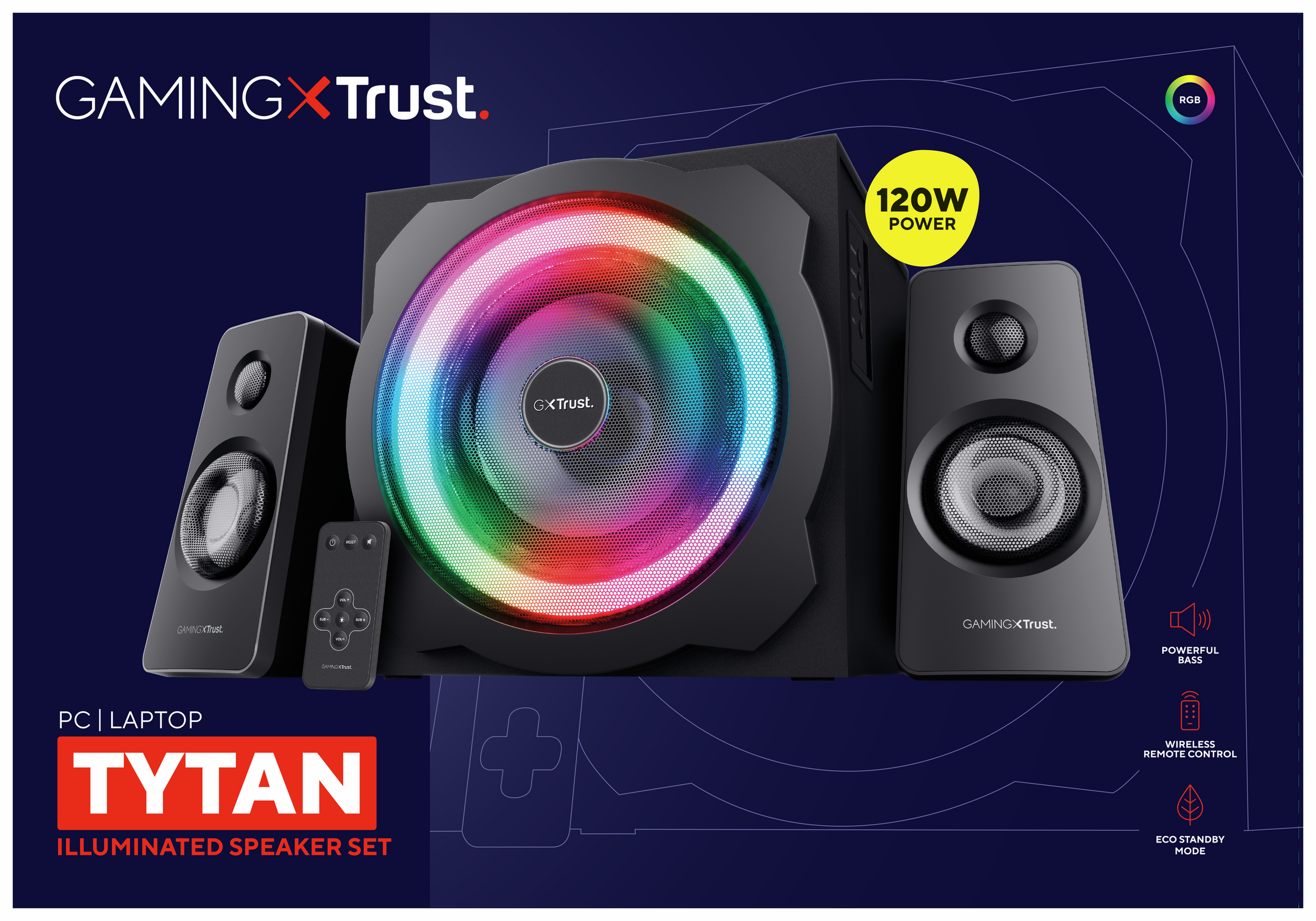 Zestaw głośników do gier z subwooferem, dwoma głośnikami i pilotem. Z podświetleniem RGB.