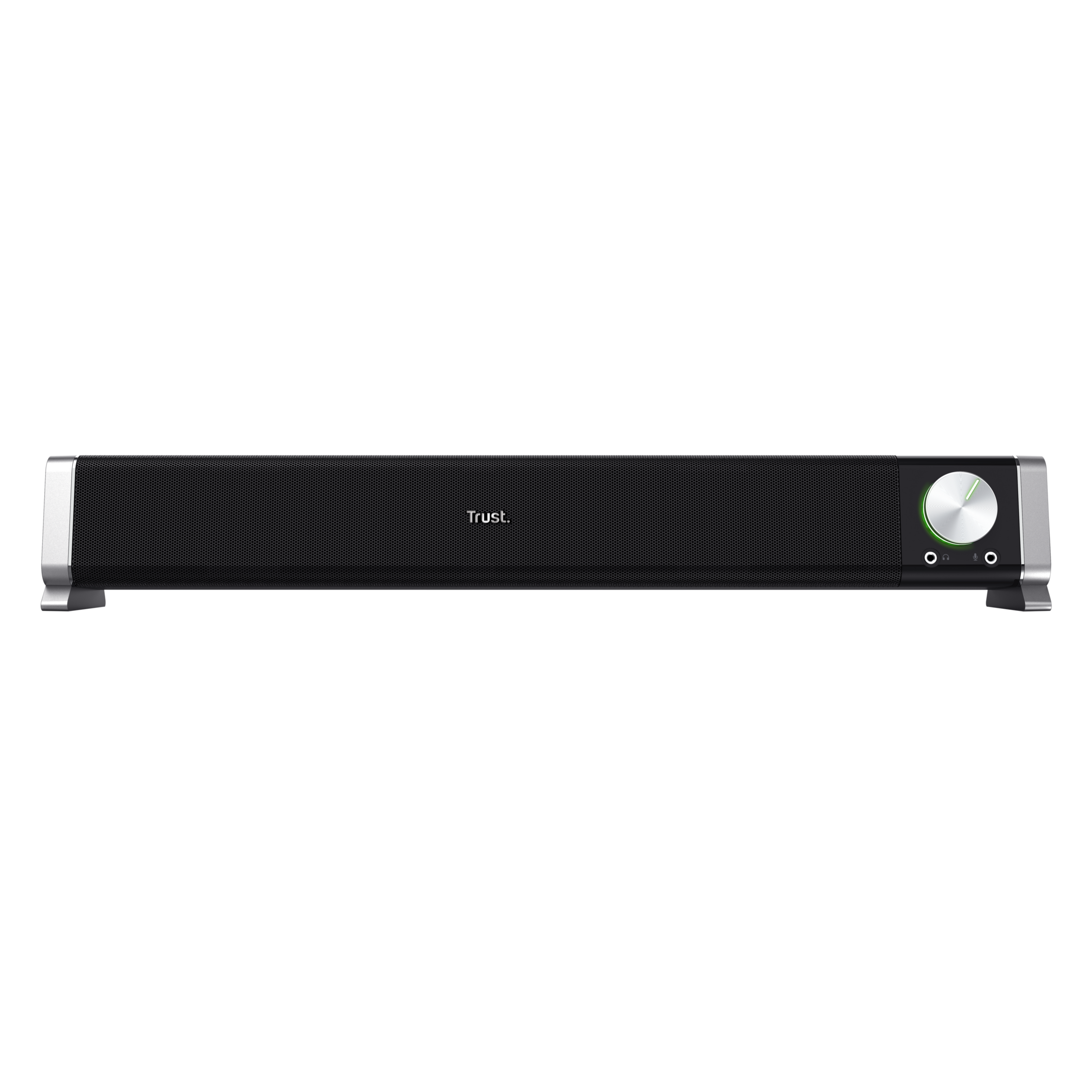 Schwarze Soundbar mit silbernen Enden, Lautstärkeregler und Trust-Logo auf schwarzem Hintergrund.
