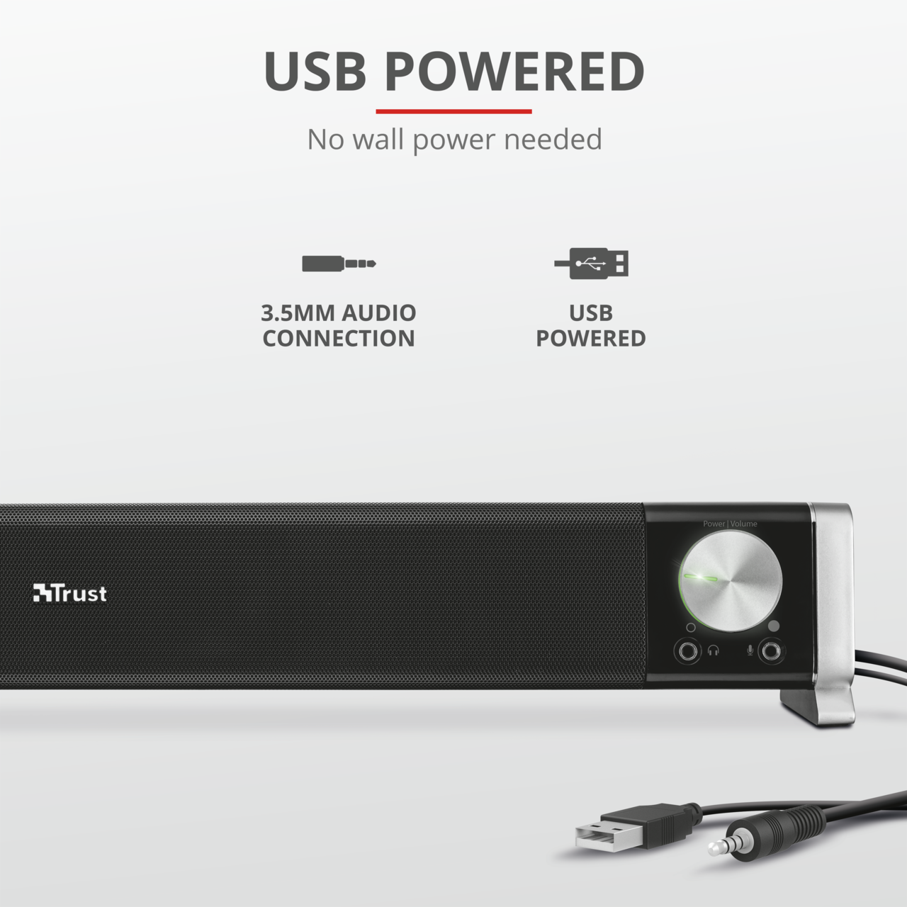Schwarze Soundbar mit Bedienelementen und Anschlüssen, USB-betrieben, weißer HG.