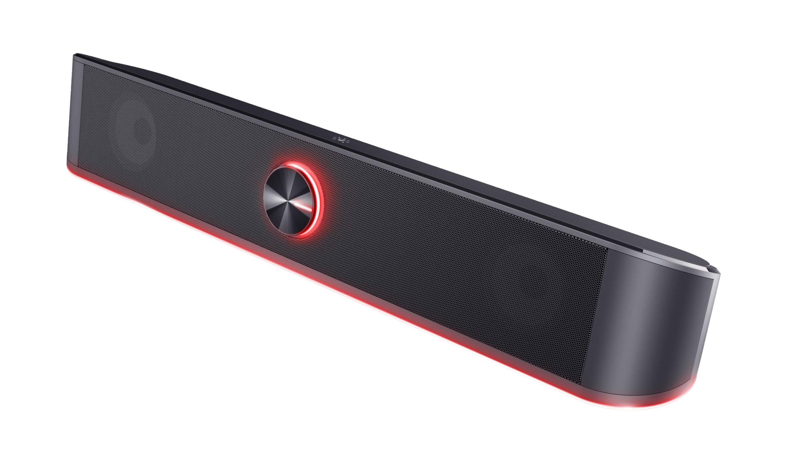 Czarny soundbar z czerwonym światłem wokół środka i obu końców.