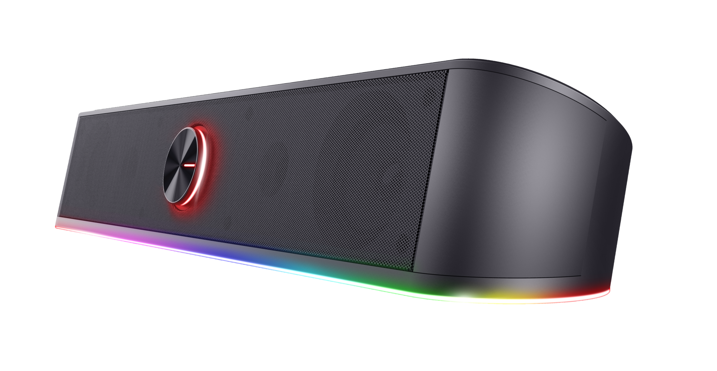 Czarny soundbar z centralnym sterowaniem i kolorowym paskiem LED na dole.