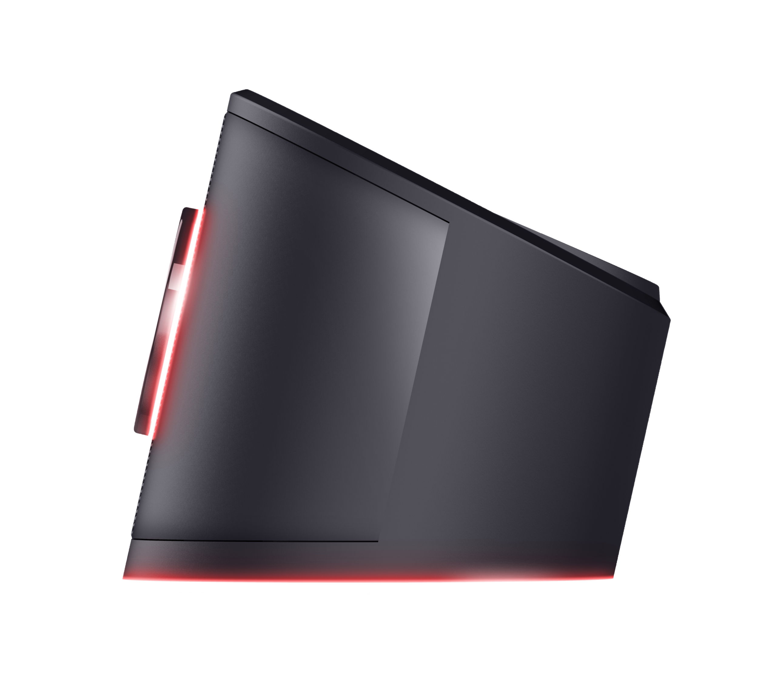 Skośny czarny komputer stacjonarny z czerwonymi akcentami świetlnymi na przezroczystym tle.