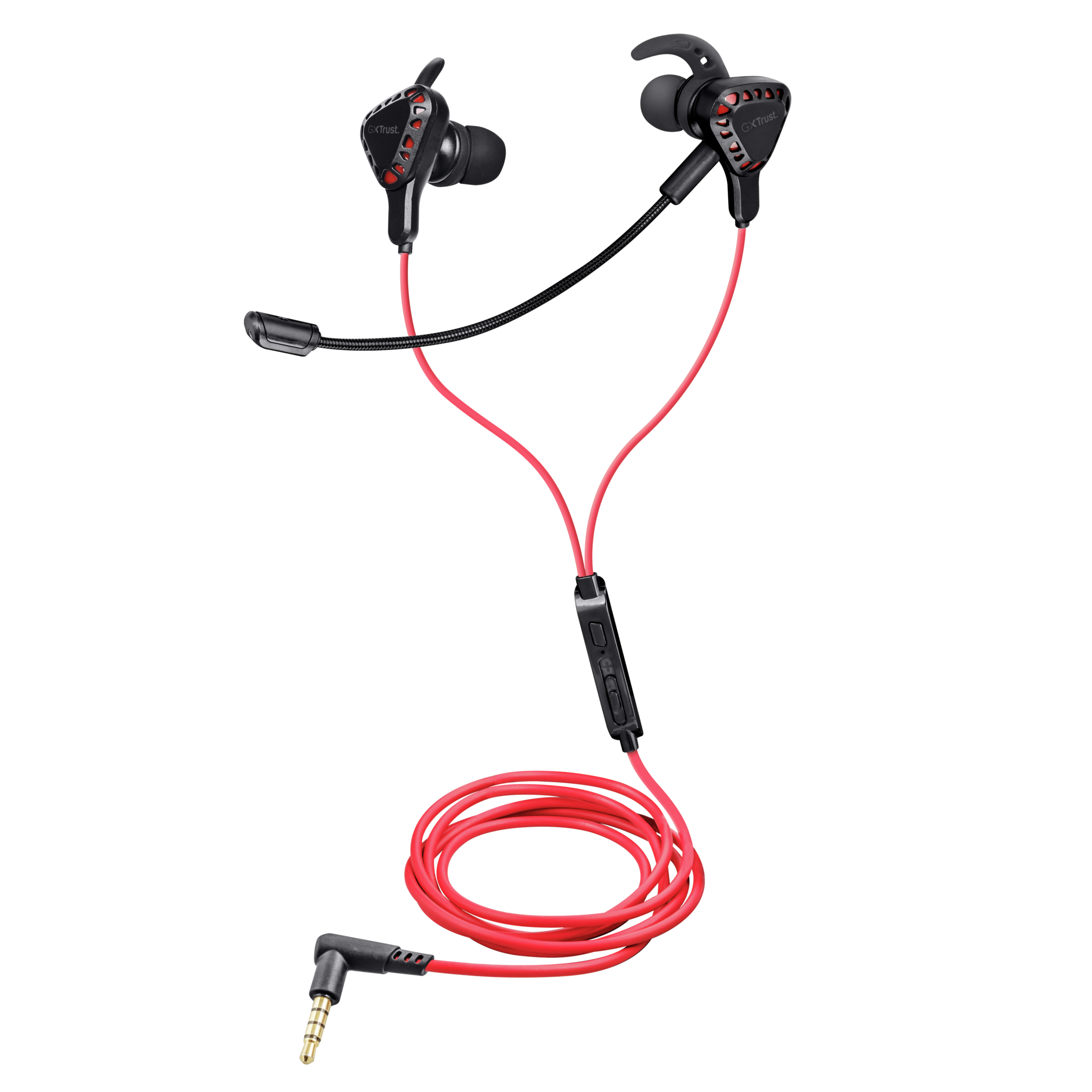 Cuffie da gioco nere e rosse con microfono e cavo rosso.